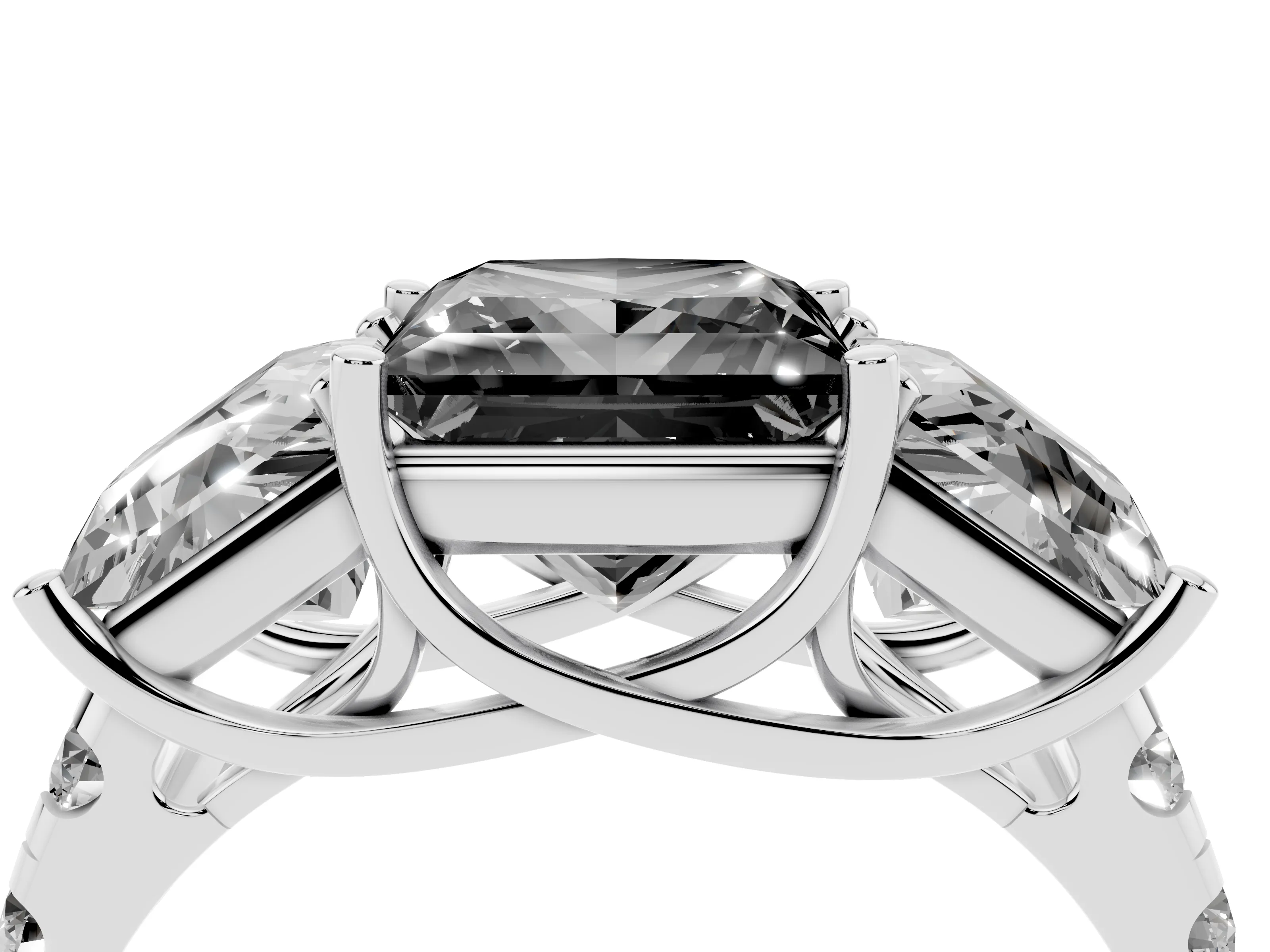 Fancy Black Princess Cut Diamond Three-Stone Ring Set in White gold with Pavé Band