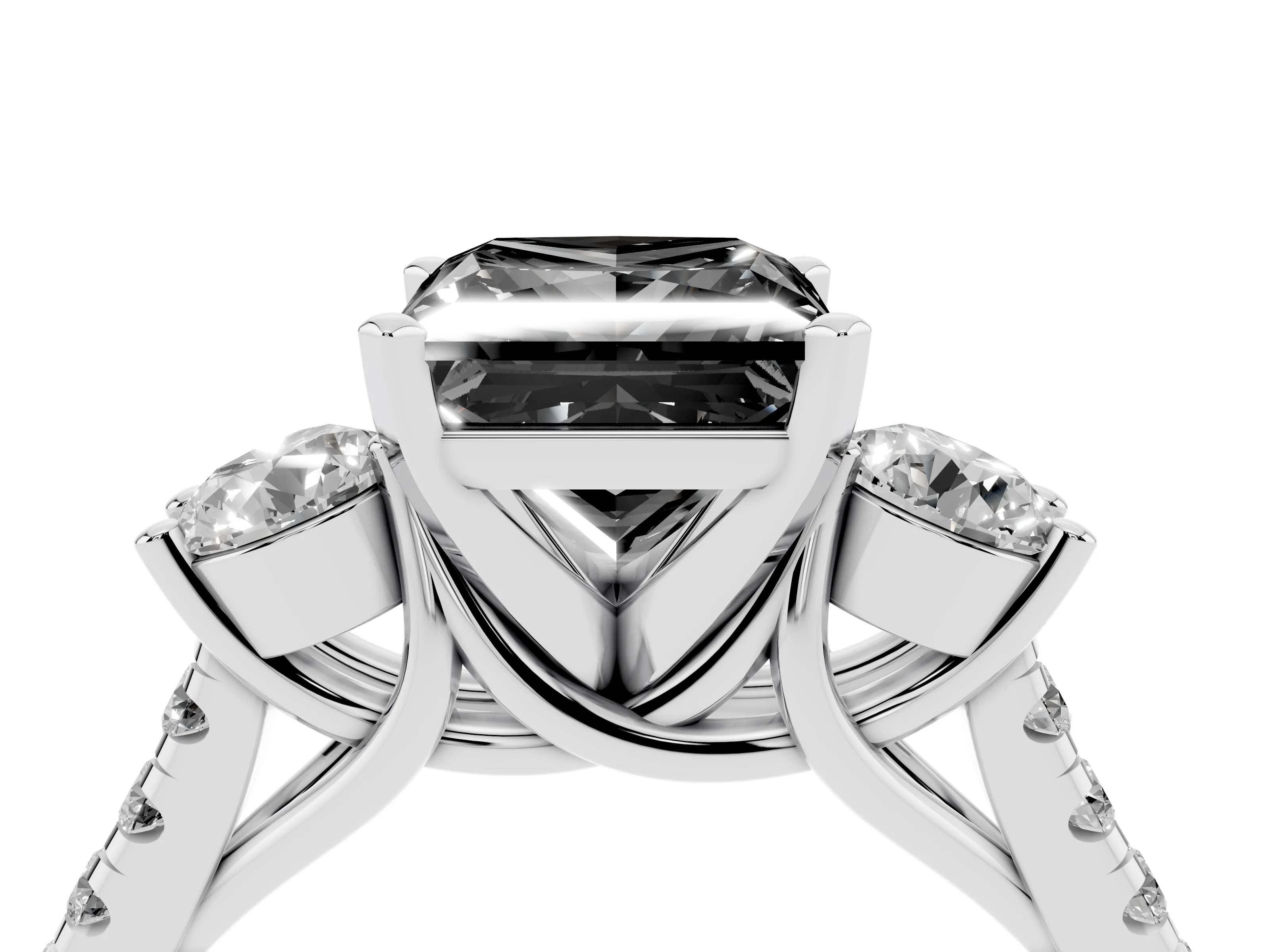 Fancy Black Three-Stone Princess Cut Diamond Pavé Band Ring Set in Platinum with Prong-Set Trio