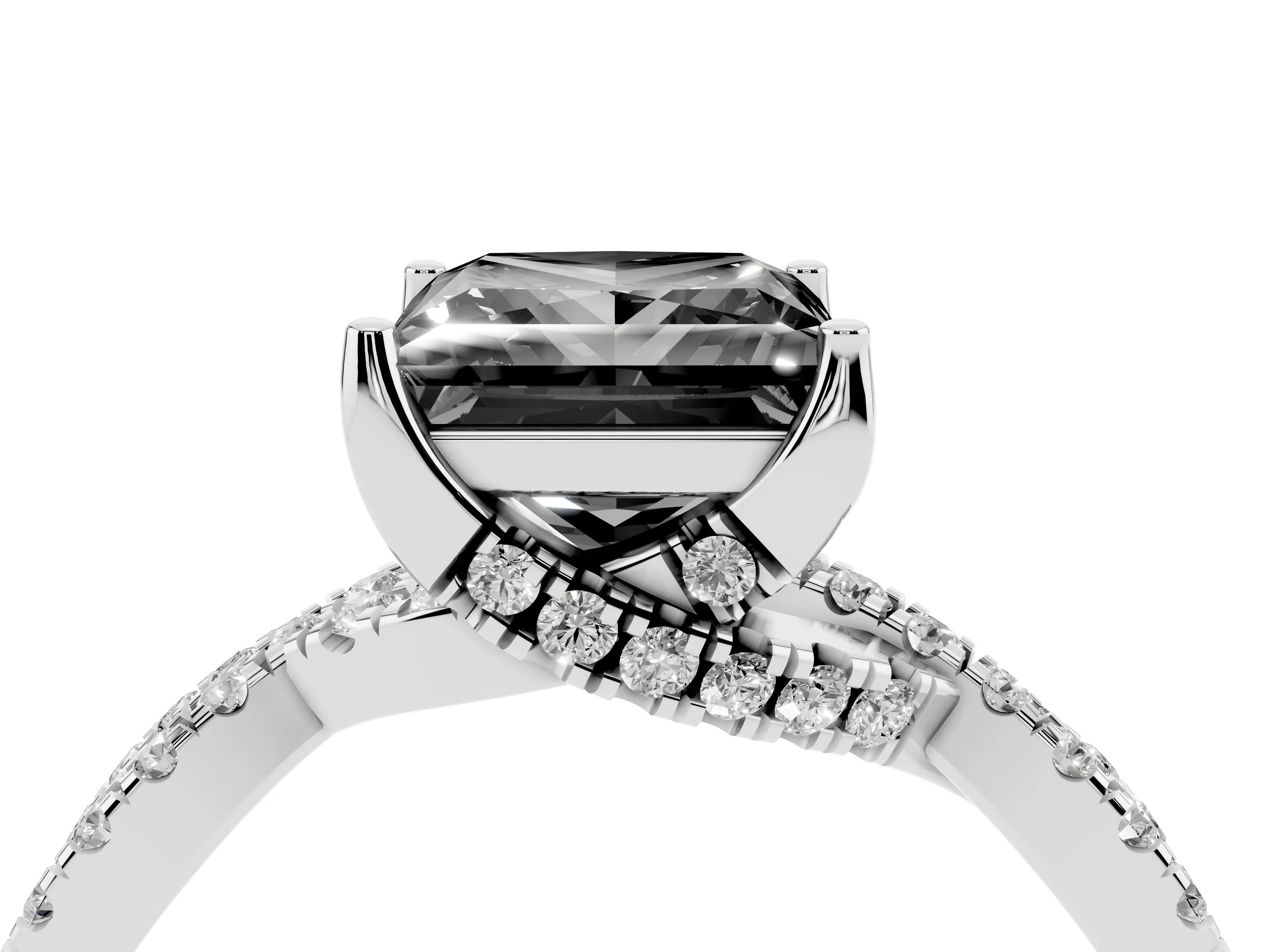 Fancy Black Princess Cut Diamond Twist Pavé Solitaire Engagement Ring Set in Platinum with Prong Setting