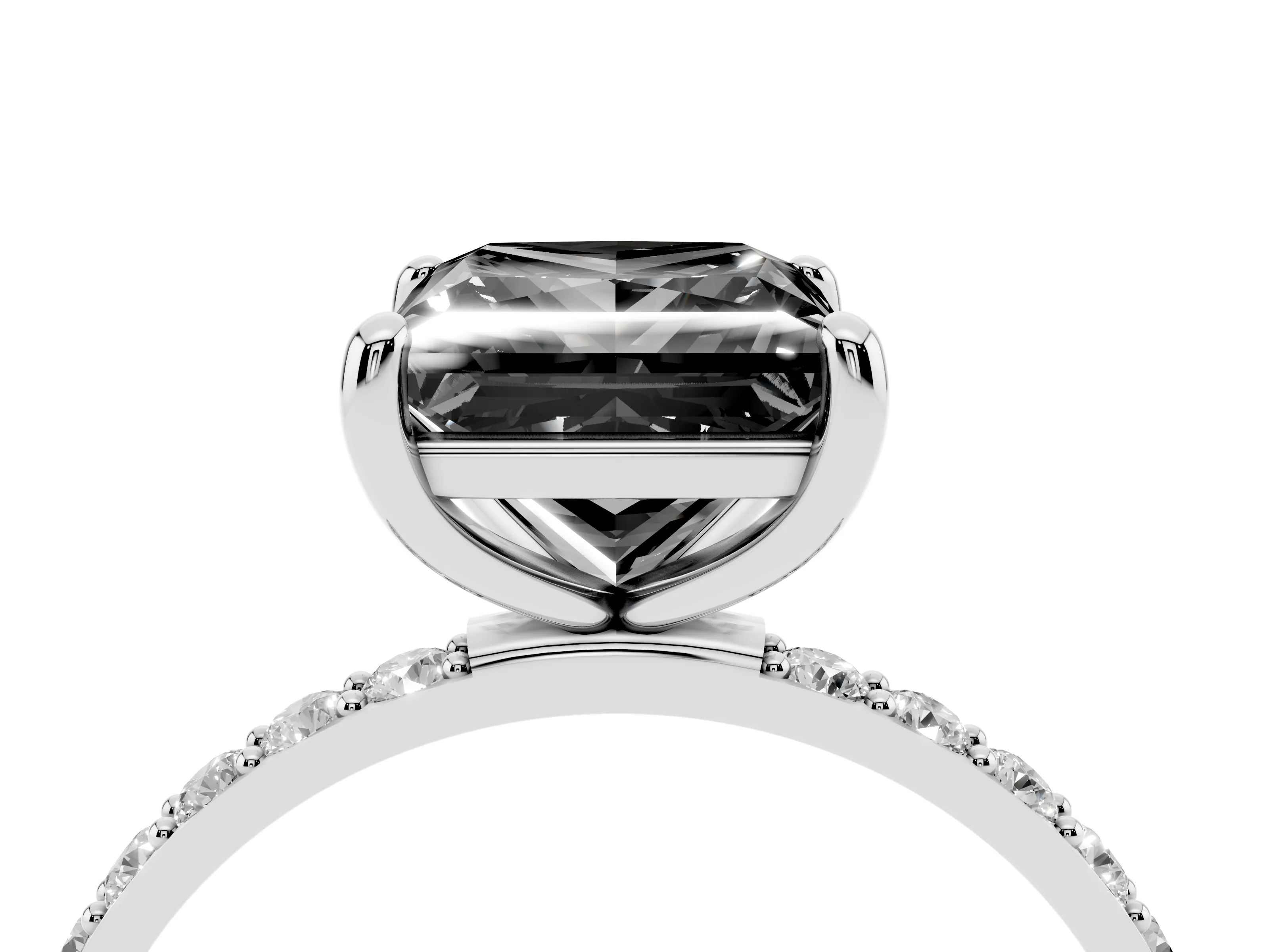 Fancy Black Princess Cut Diamond Solitaire Ring Set in White gold with Round Pavé Band and Prong Setting