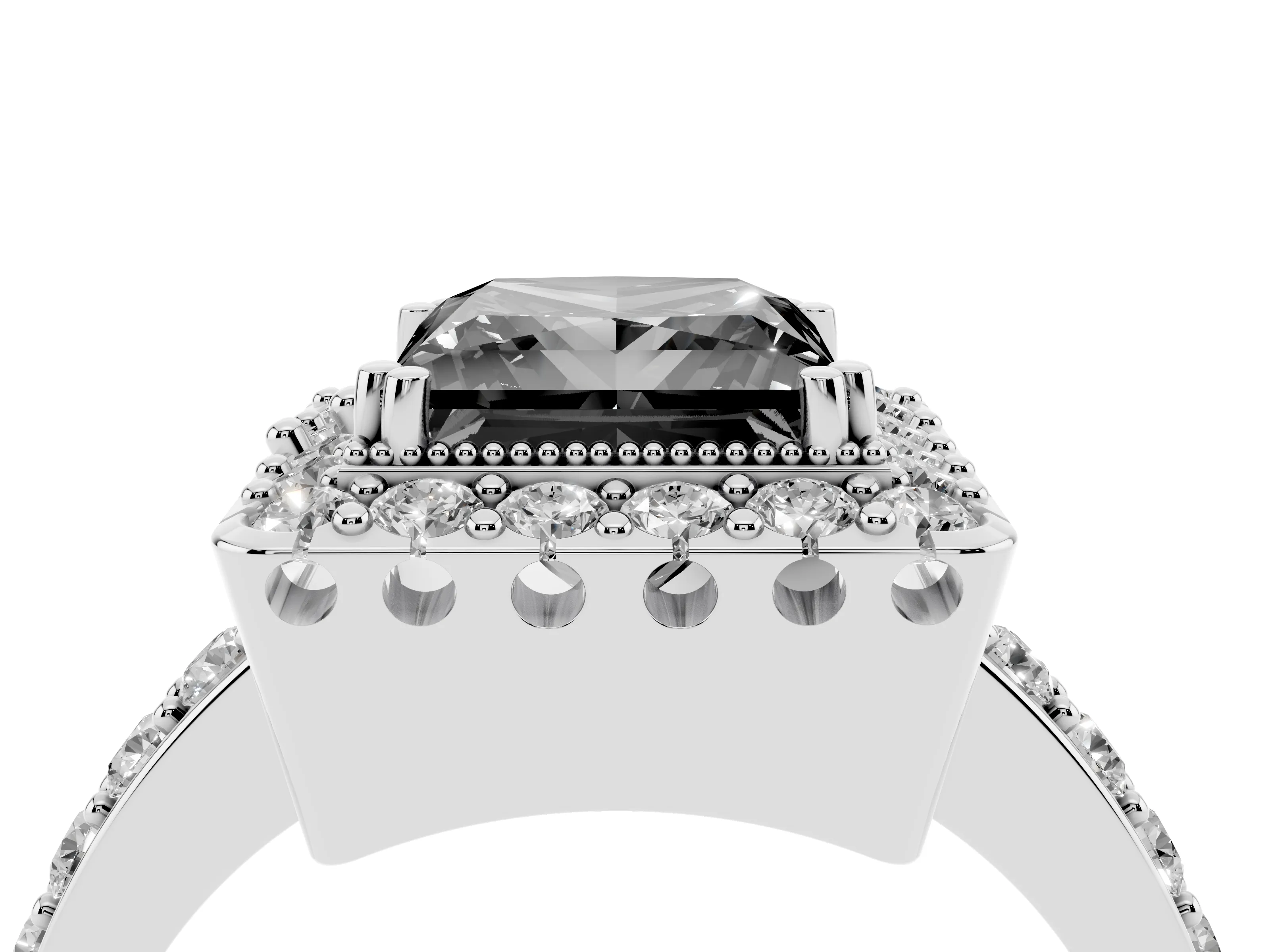 Fancy Black Princess Cut Diamond Halo Ring Set in White gold with Pavé Shank and Prong Setting