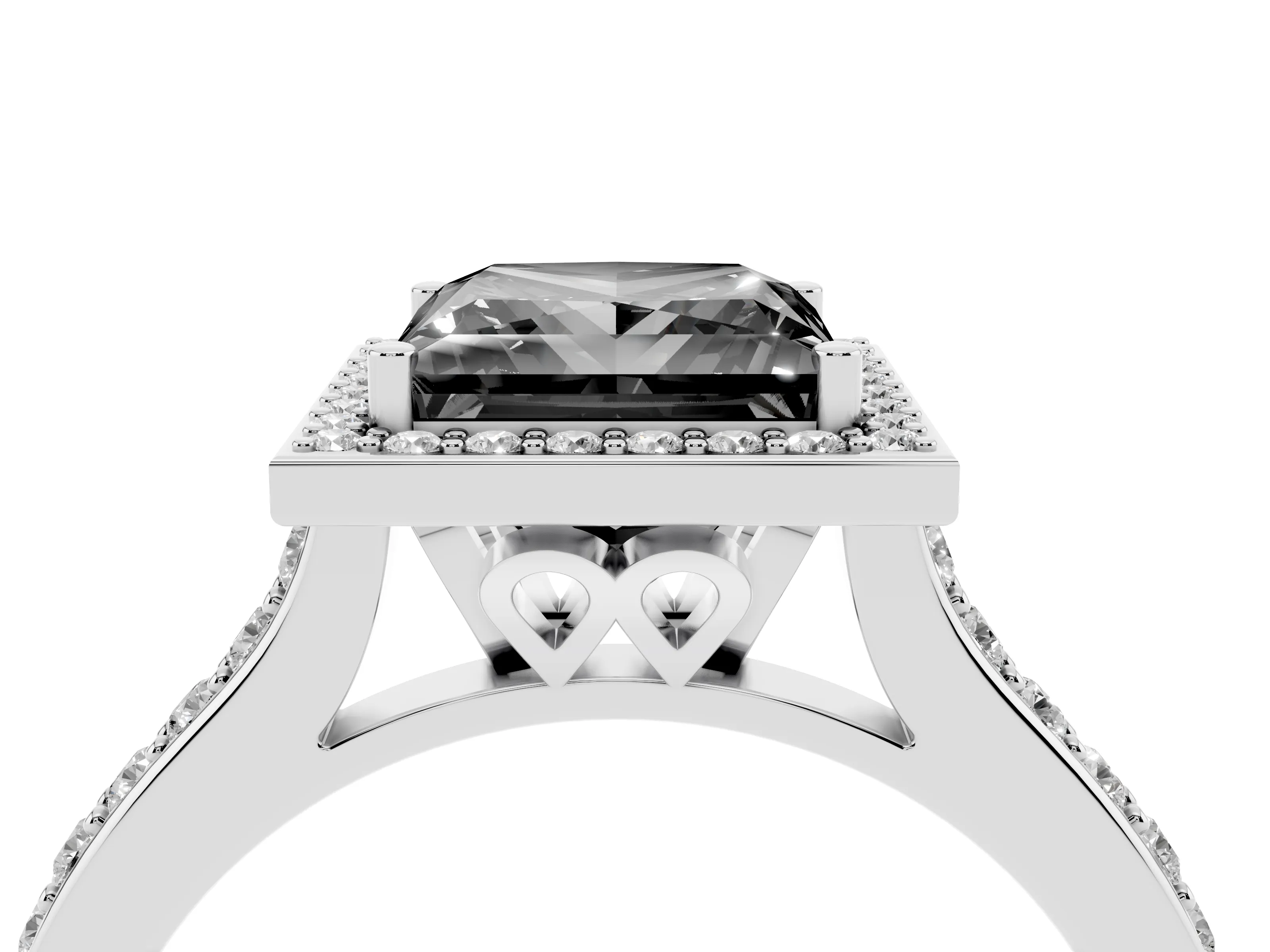 Fancy Black Princess Cut Diamond Halo Engagement Ring Set in Silver with Round Pavé Shoulders and Heart Gallery