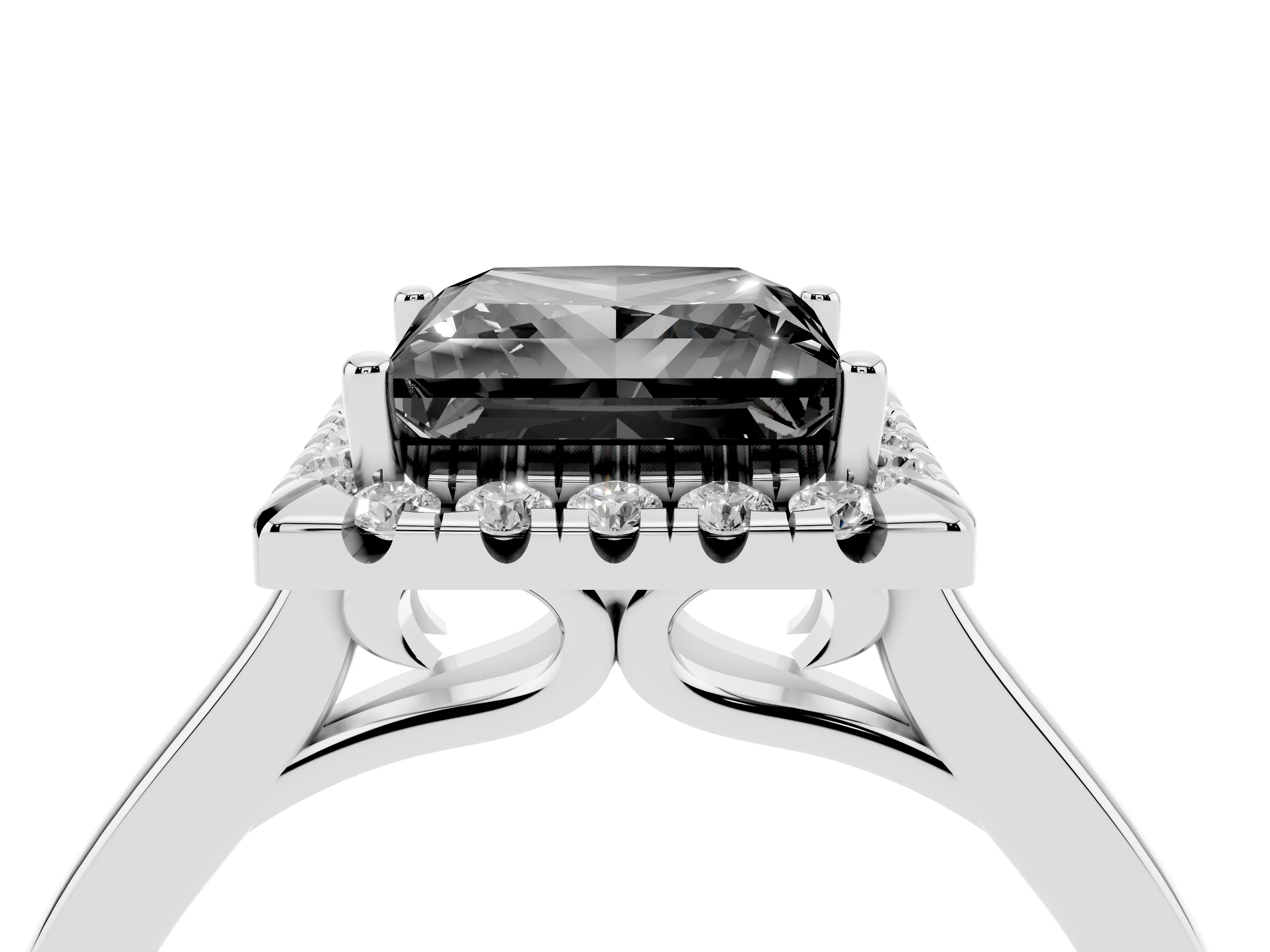 Fancy Black Princess Cut Halo Round Diamond Solitaire Ring Set in Platinum with Pavé Band and Prong Setting