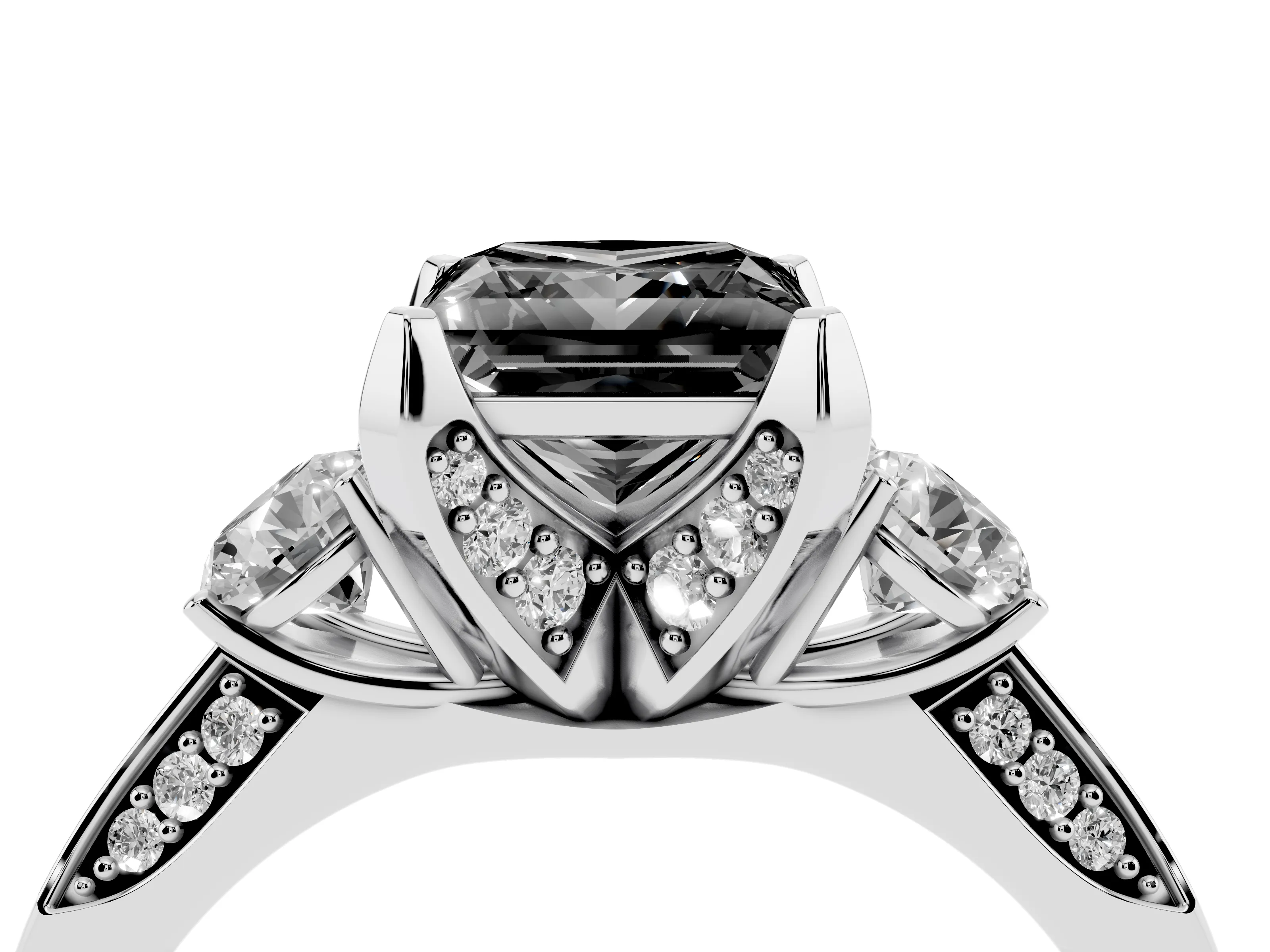 Fancy Black Princess Cut Diamond Three-Stone Ring Set in Silver with Pavé Band and Smaller Side Stones