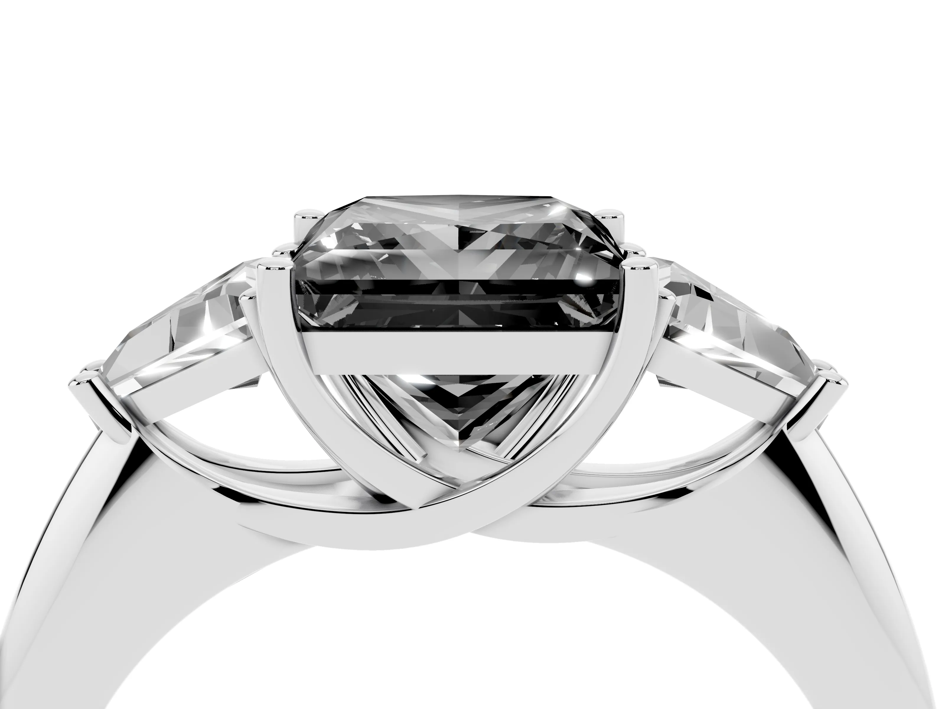 Fancy Black Princess Cut Diamond Three-Stone Engagement Ring Set in Silver with Trillion Side Stones