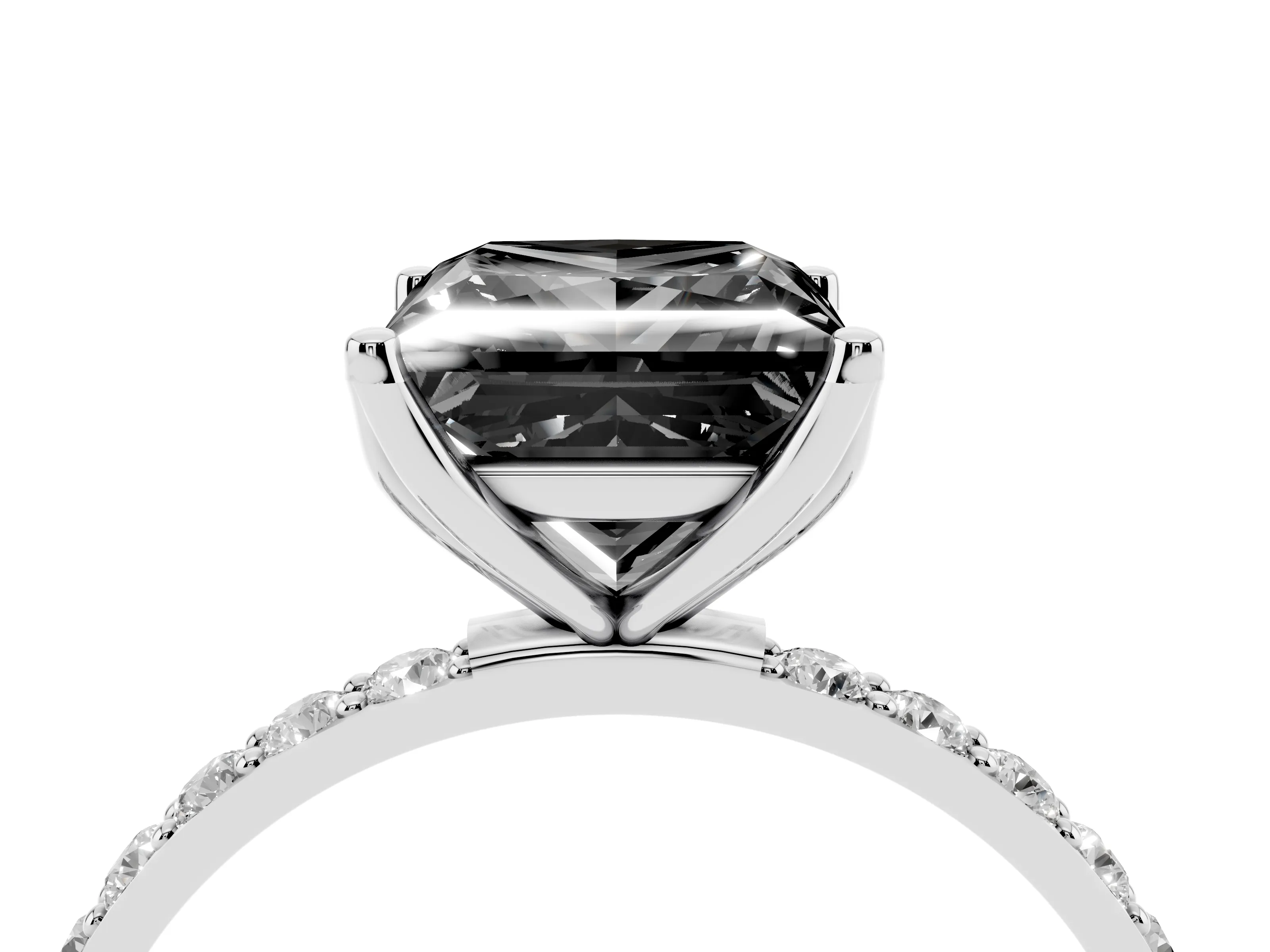 Fancy Black Princess Cut Diamond Solitaire Engagement Ring Set in Platinum with Round Pavé Band and Prong Setting