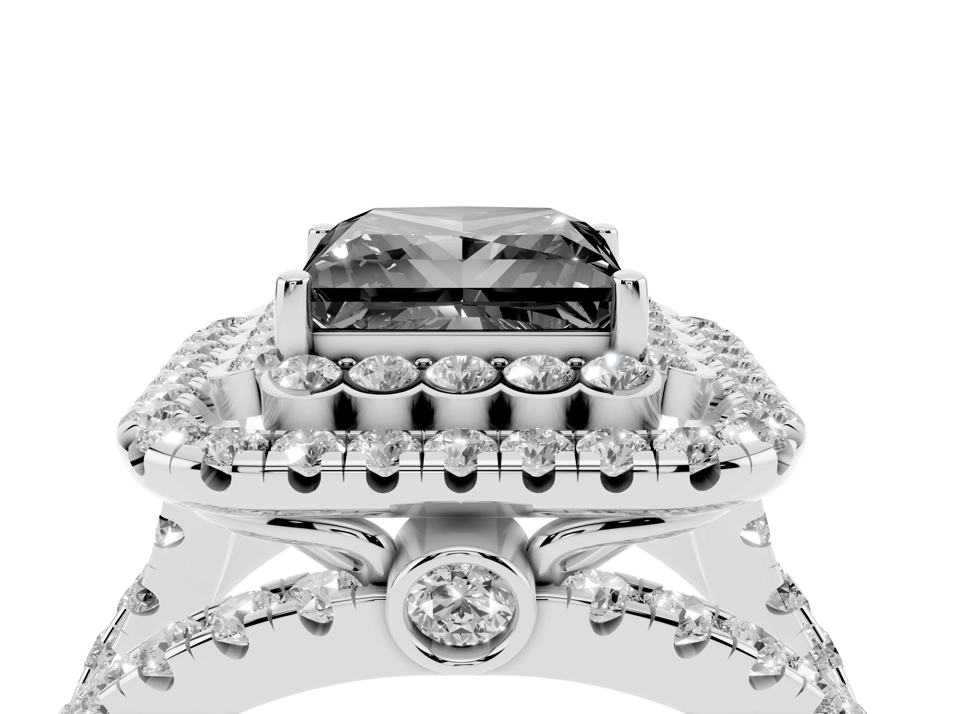 Fancy Black Princess Cut Diamond Double Halo Ring Set in White gold with Round Pavé Split Shank