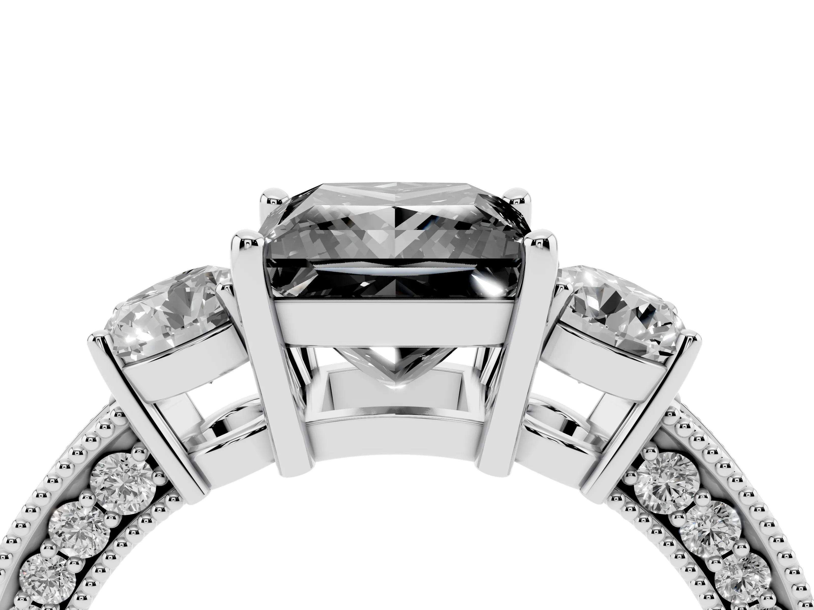 Fancy Black Princess Cut Diamond Three-Stone Ring Set in White gold with Round Side Stones and Pavé Band