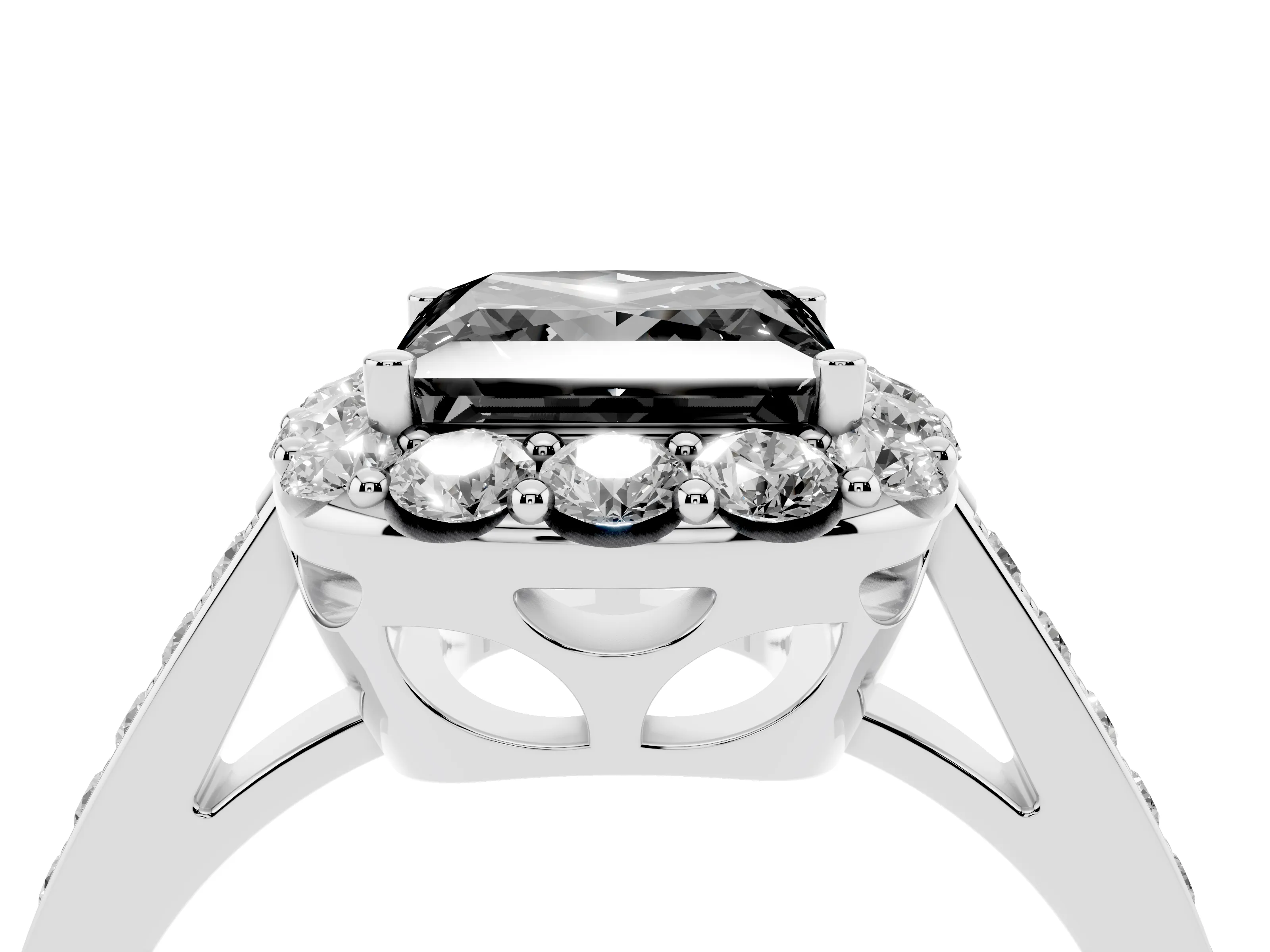 Fancy Black Princess Cut Diamond Floral Halo Ring Set in Platinum with Pavé Band and Prong Setting