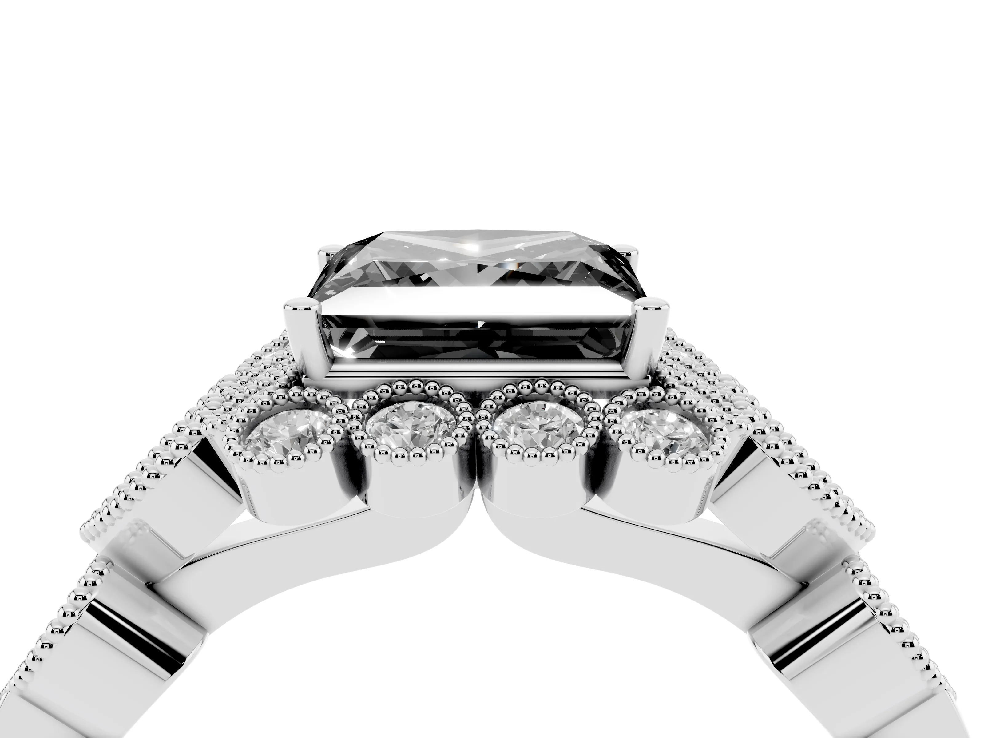 Fancy Black Princess Cut Diamond Solitaire Ring Set in Silver with Milgrain Pavé Heart Band