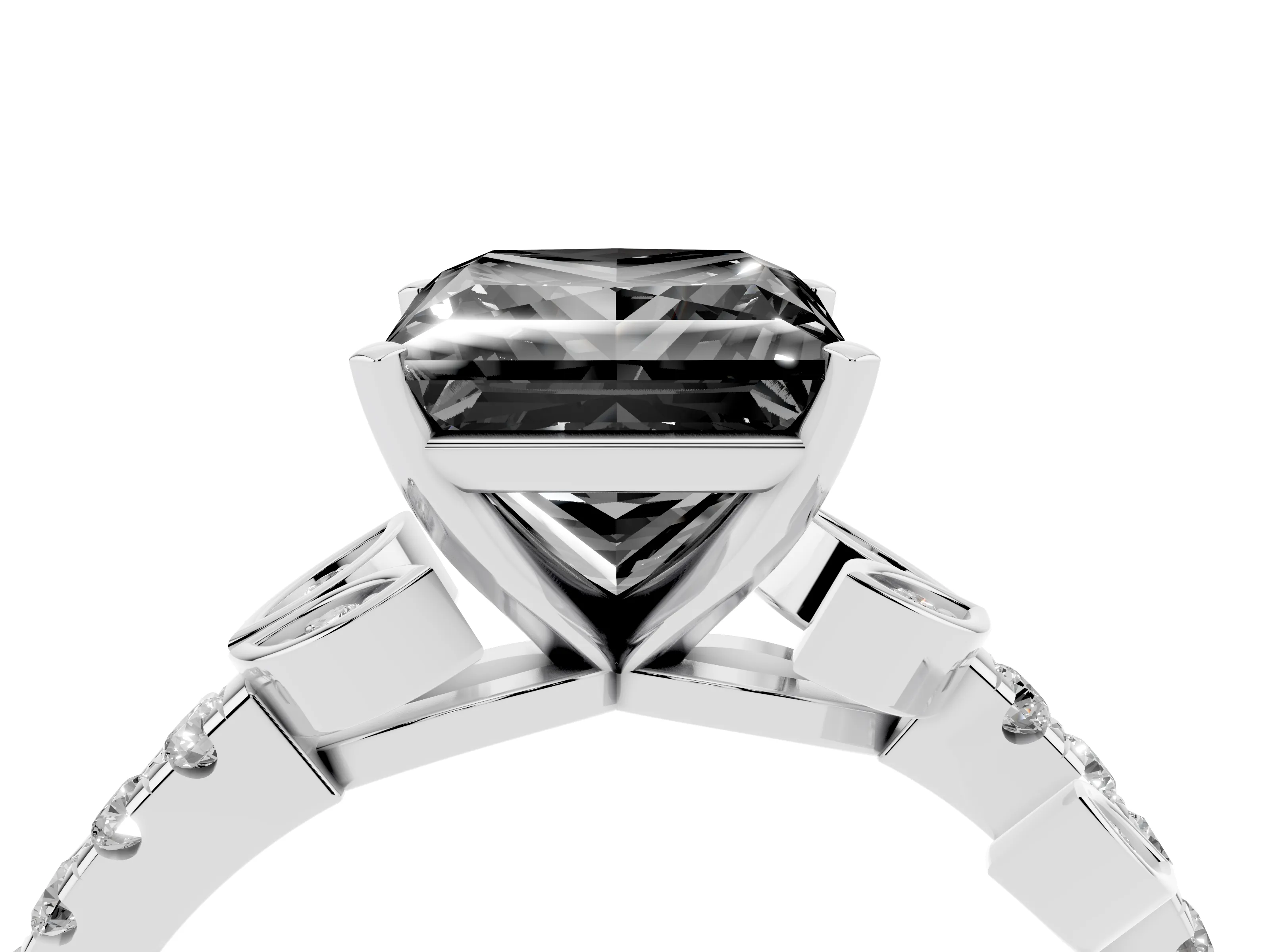 Fancy Black Princess Cut Diamond Solitaire Leaf-Inspired Ring Set in Platinum with Pavé Band and Prong Setting