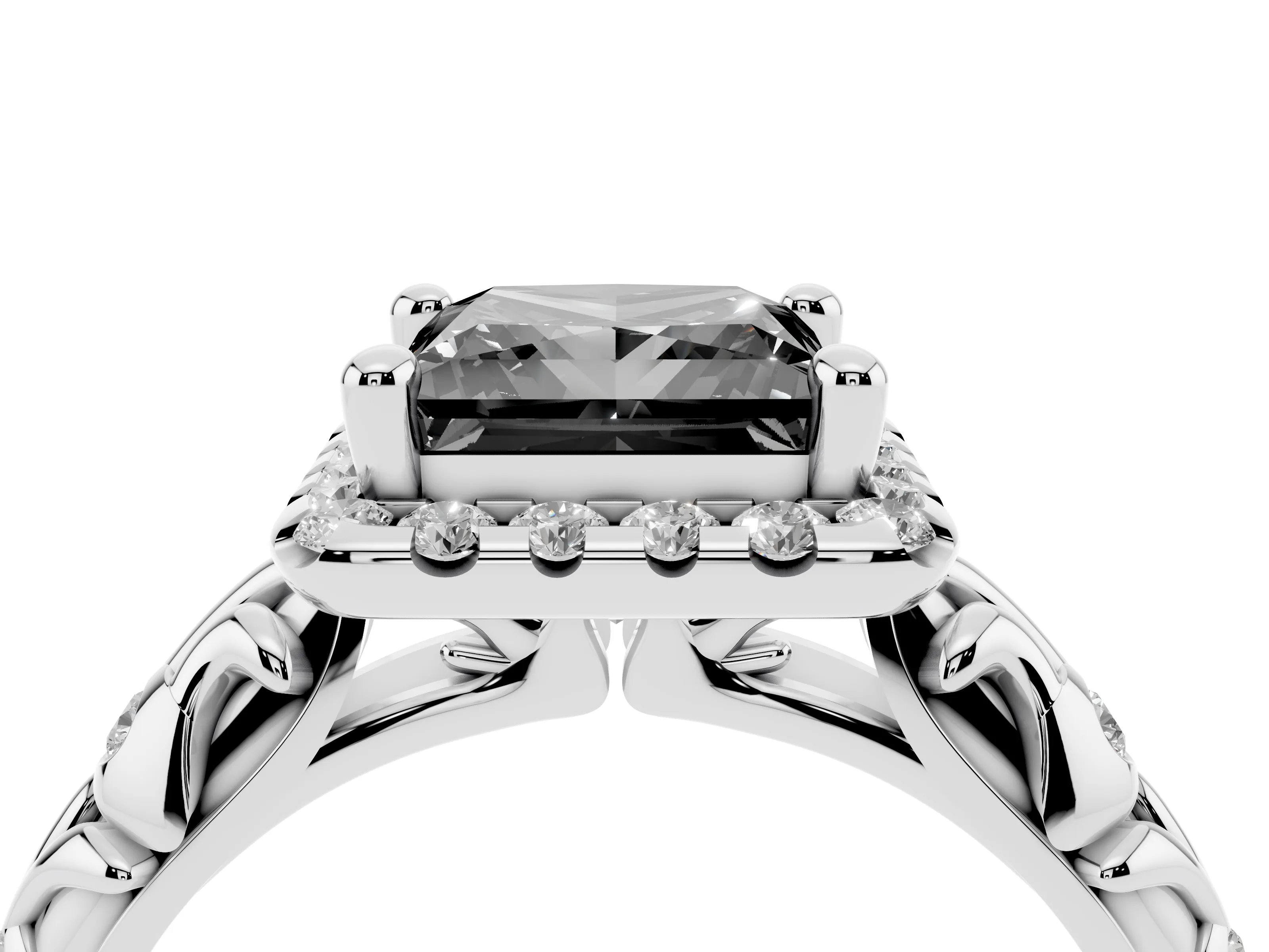Fancy Black Princess Cut Diamond Halo Ring Set in Silver with Filigree Leaf Band and Prong Setting