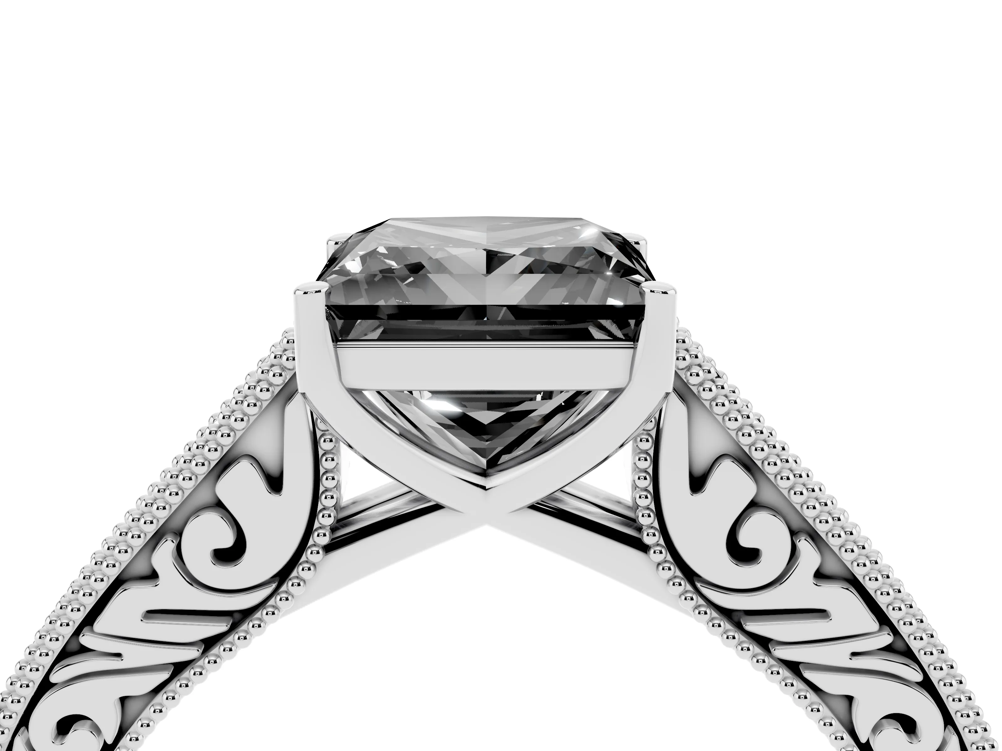 Fancy Black Princess Cut Diamond Milgrain Pavé Band Solitaire Ring Set in Platinum with Prong Setting