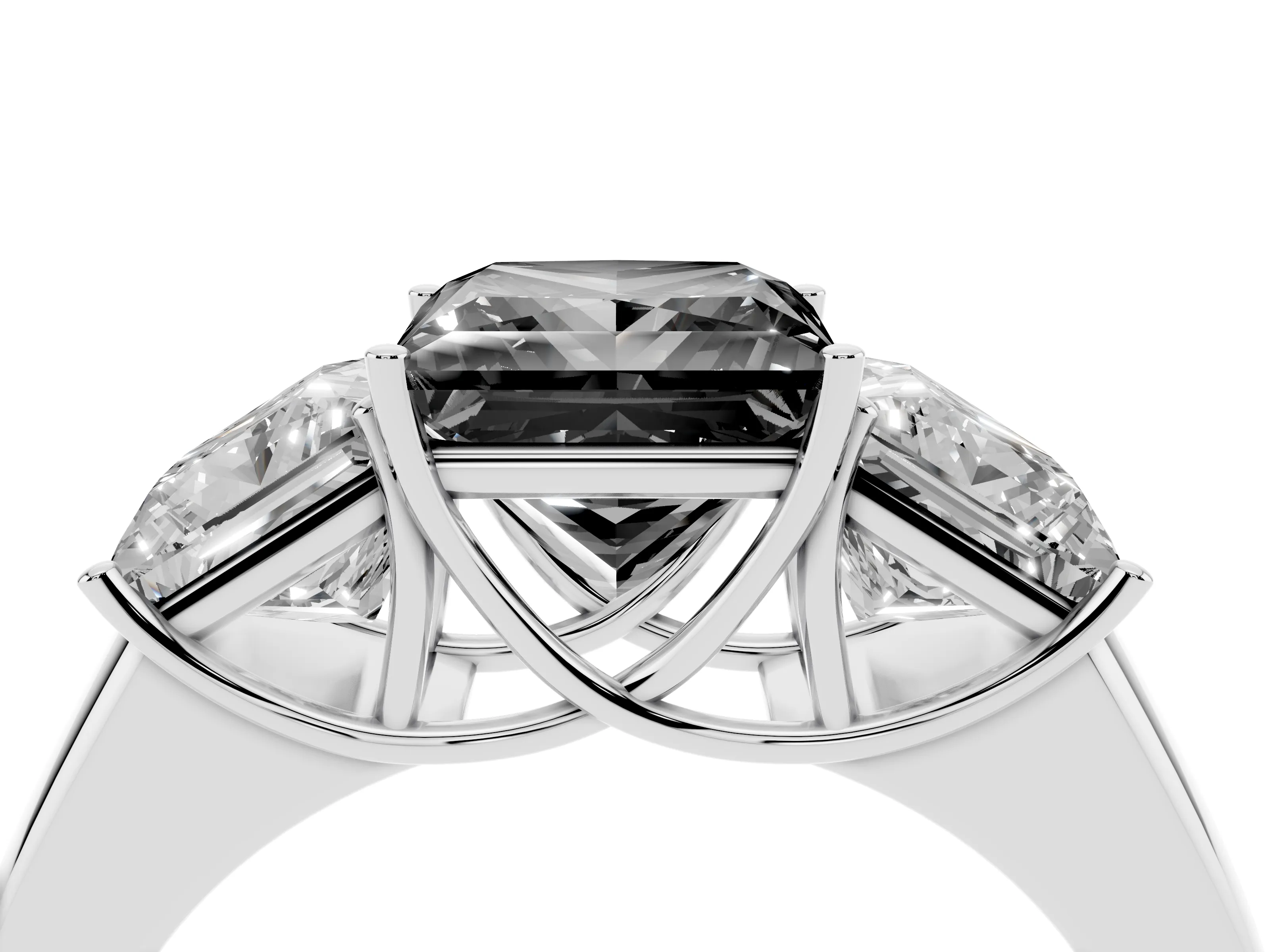 Fancy Black Three-Stone Princess Cut Diamond Ring Set in White gold with Matching Prong Settings and Plain Band