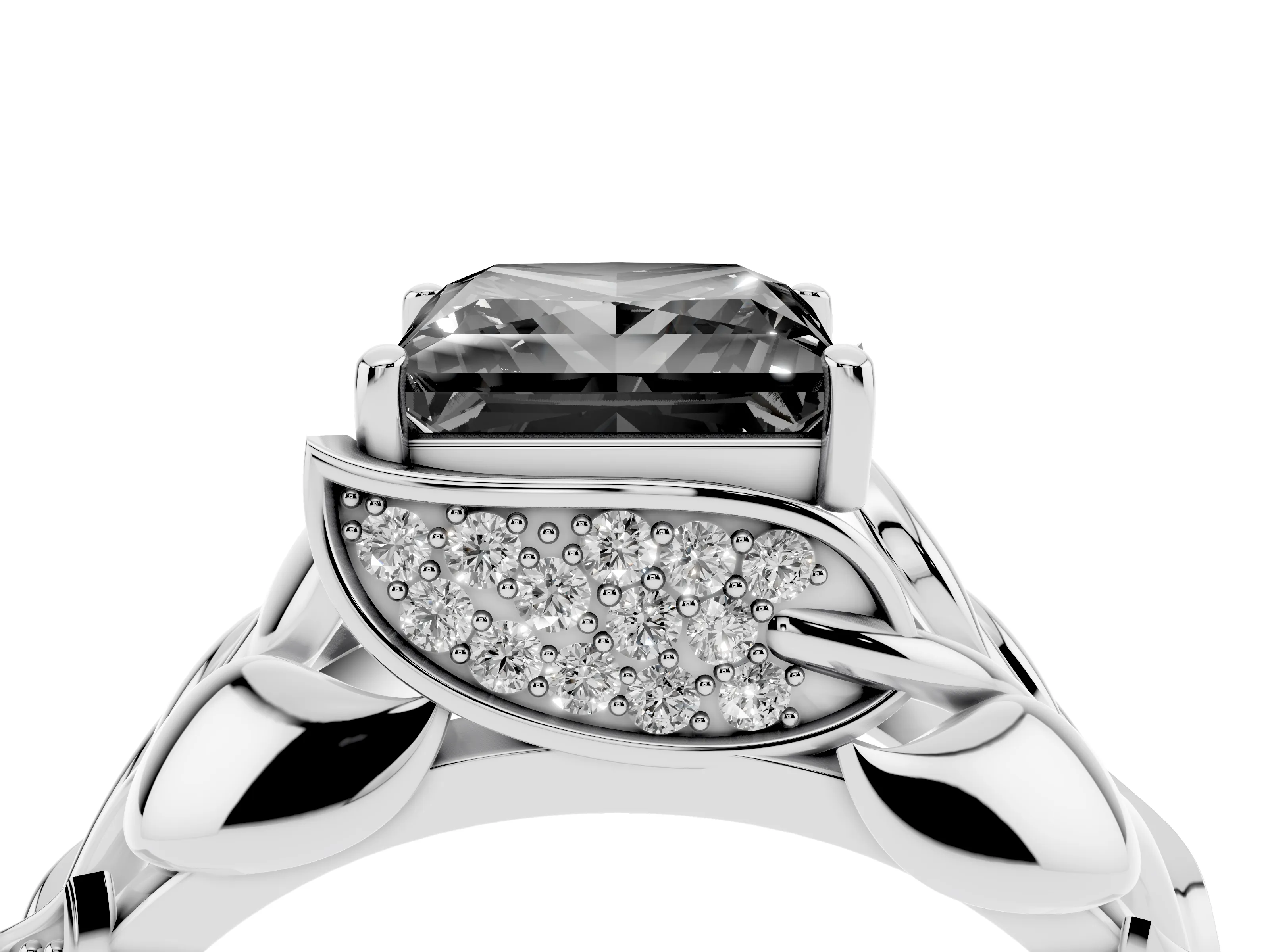 Fancy Black Princess Cut Diamond Leaf-Inspired Engagement Ring Set in White gold with Round Accents
