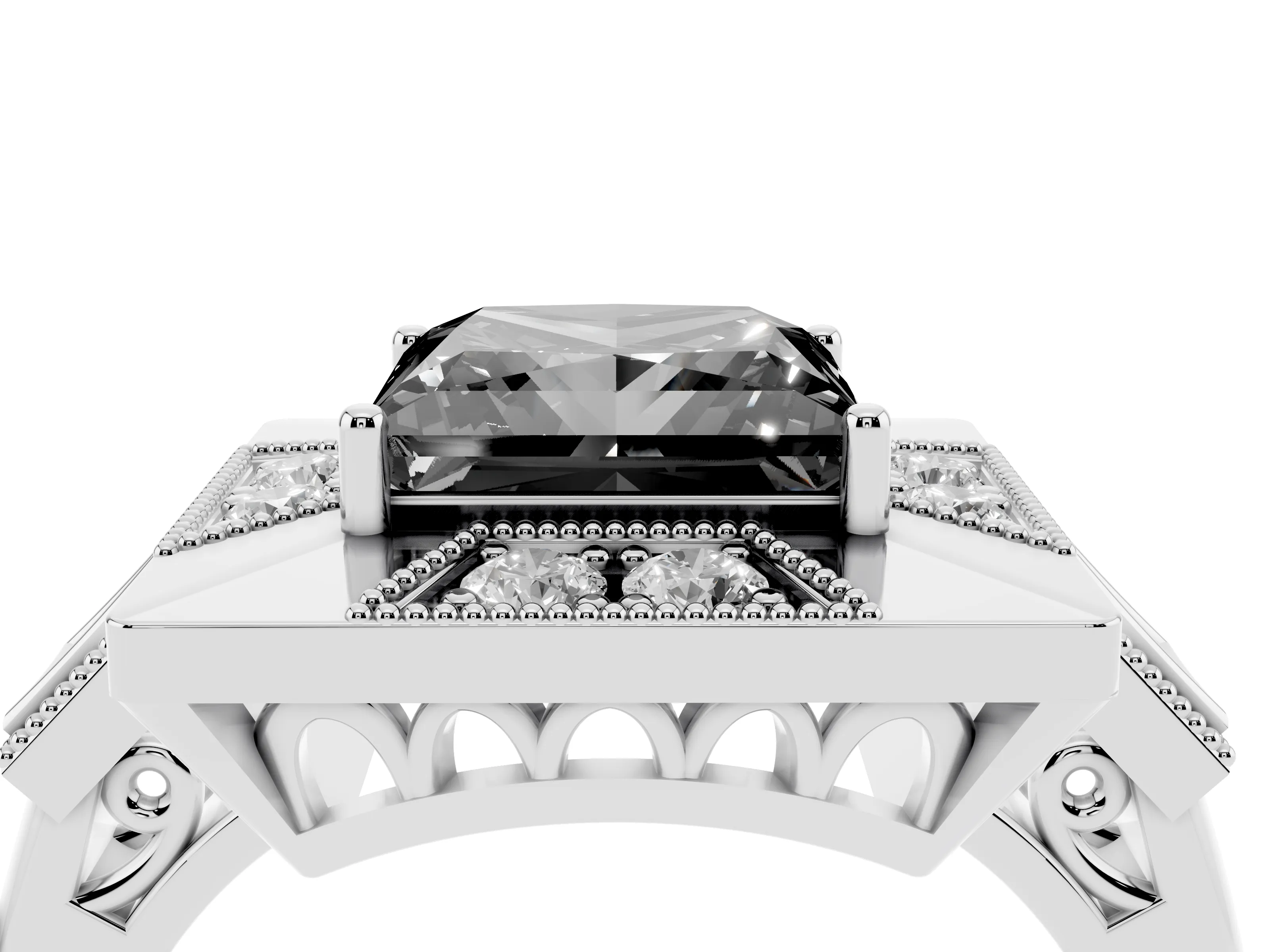 Fancy Black Princess Cut Diamond Milgrain Halo Ring Set in Silver with Split Shank