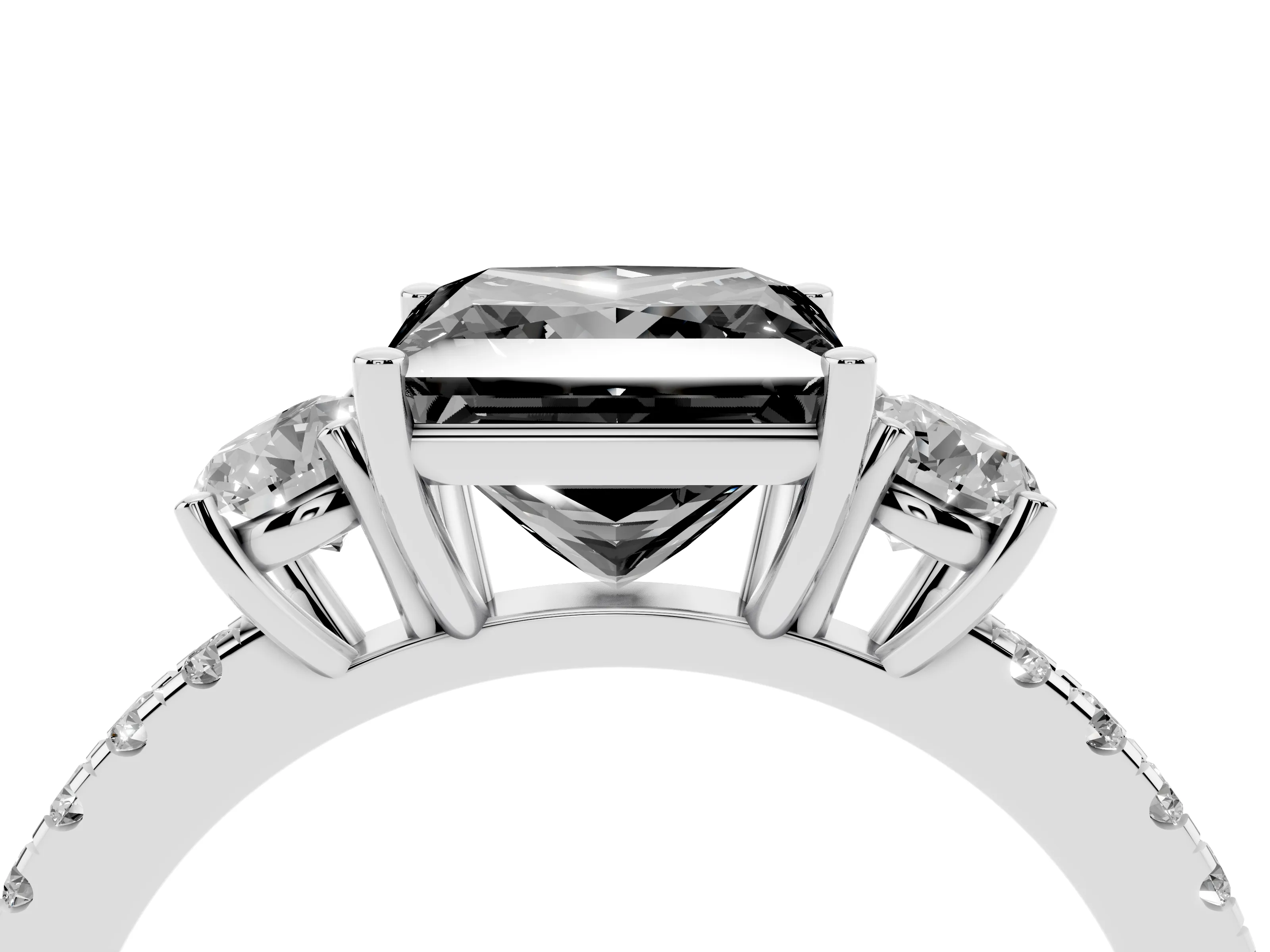 Fancy Black Princess Cut Diamond Three-Stone Ring Set in White gold with Pavé Band and Graduated Sides