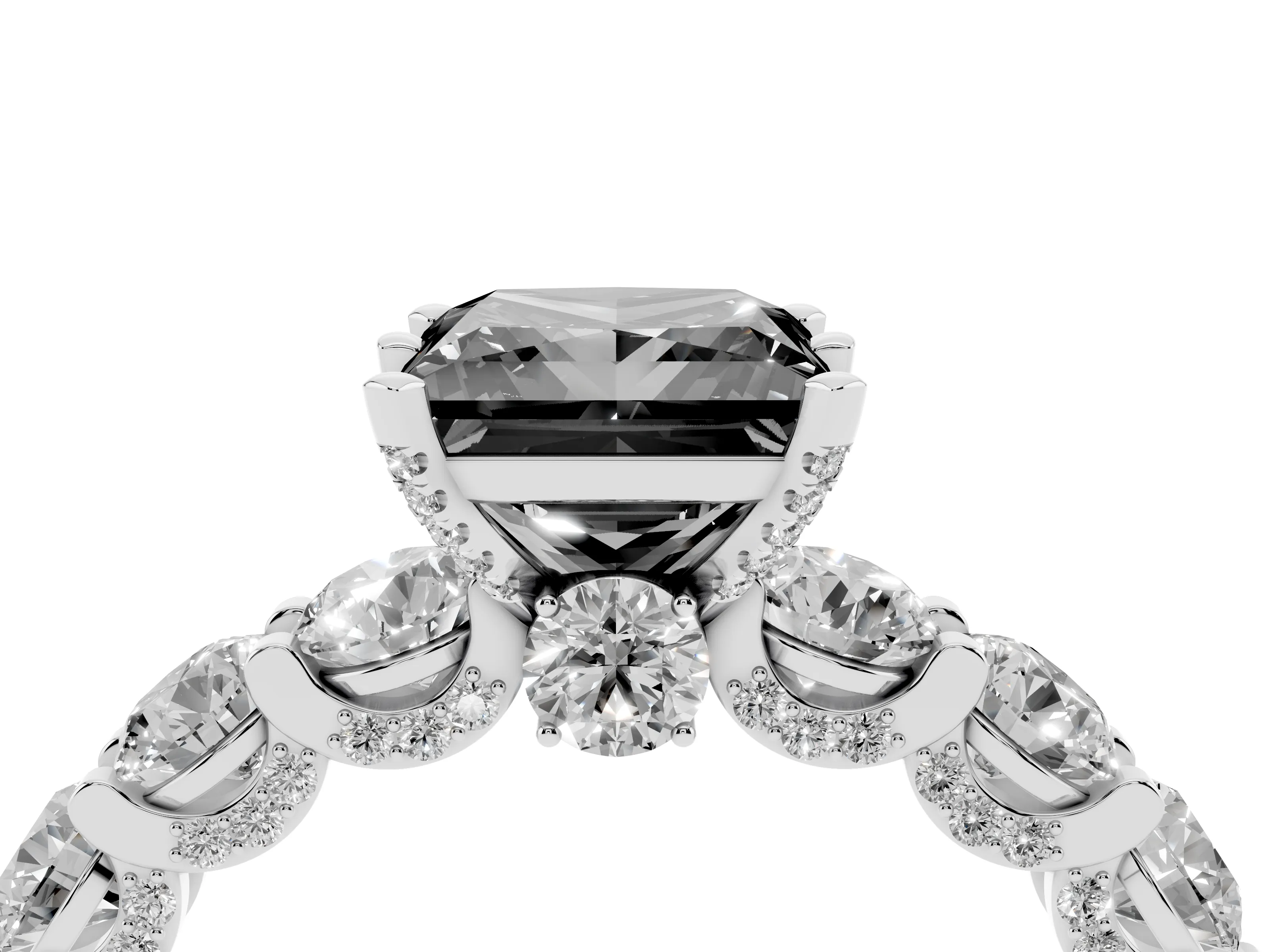 Fancy Black Princess Cut Diamond Side Stone Ring Set in Platinum with Alternating Round and Oval Side Stones