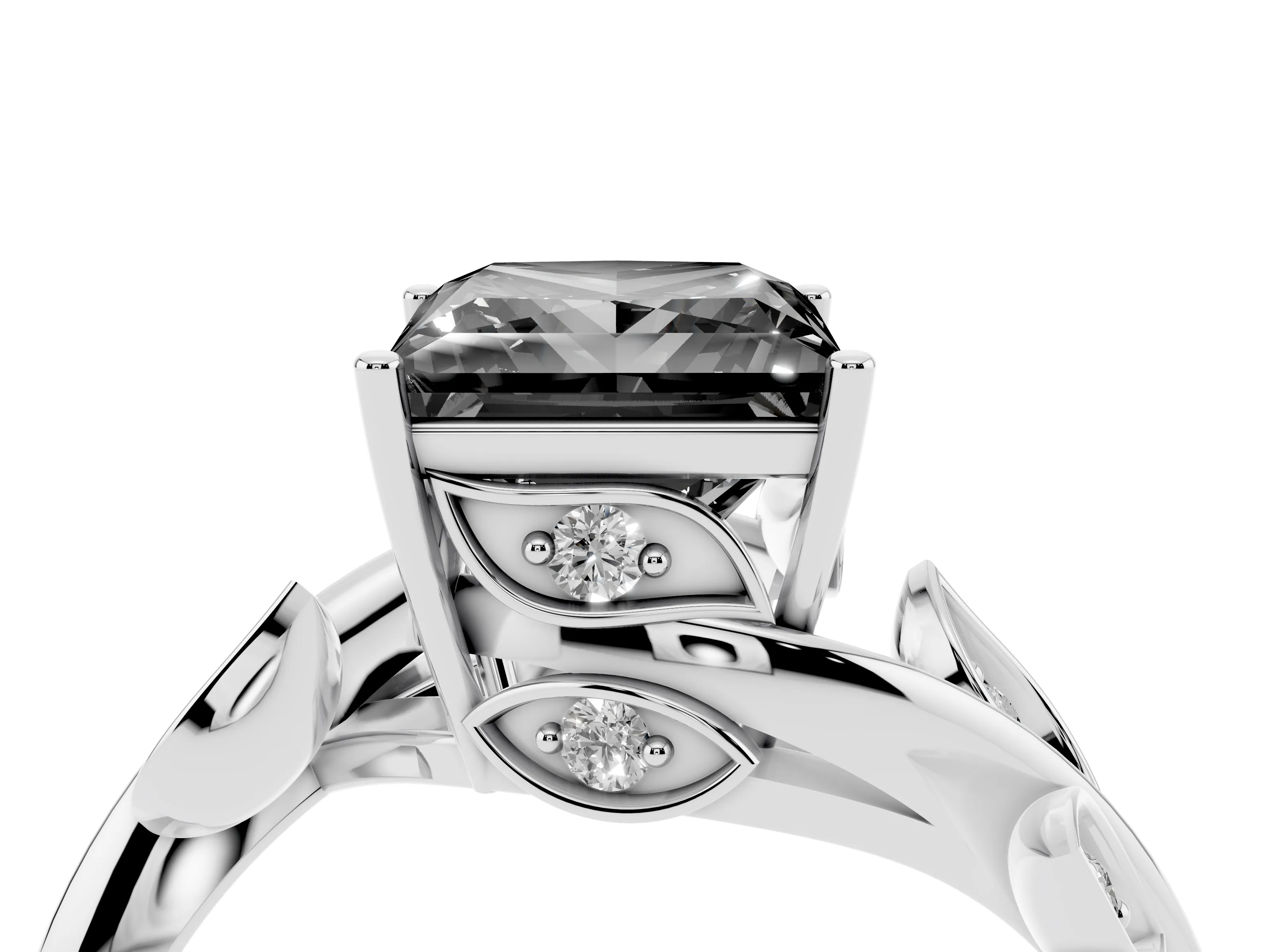 Fancy Black Princess Cut Diamond Solitaire Twist Engagement Ring Set in Silver with Pavé Leaf Accents