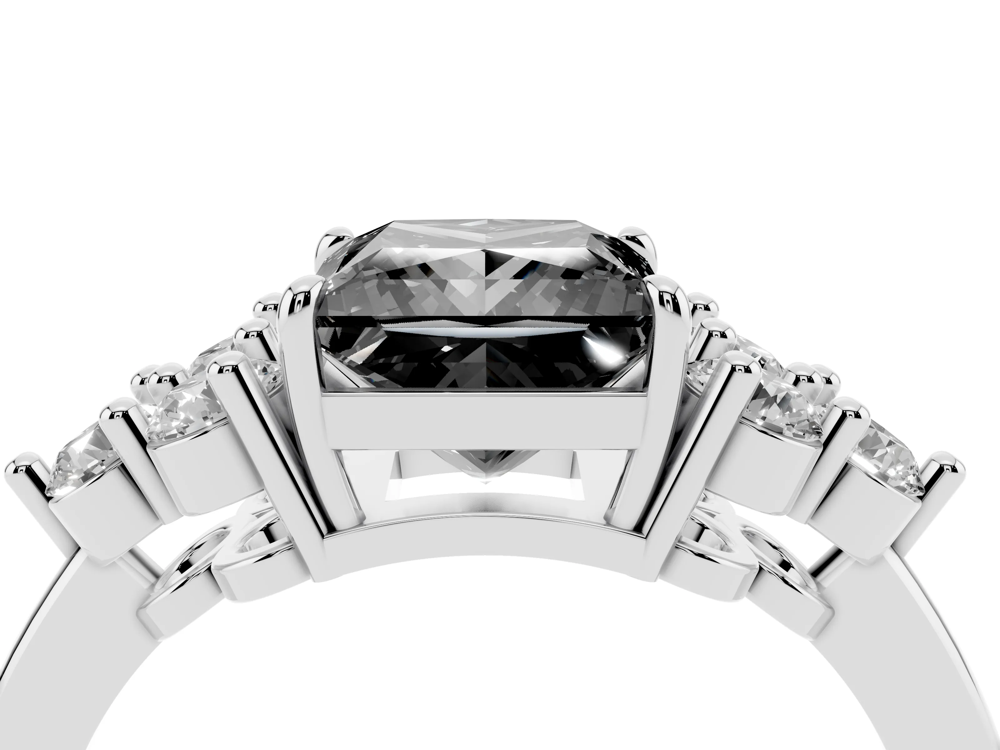 Fancy Black Princess Cut Diamond Solitaire Ring Set in Silver with Cluster Accents on Each Side