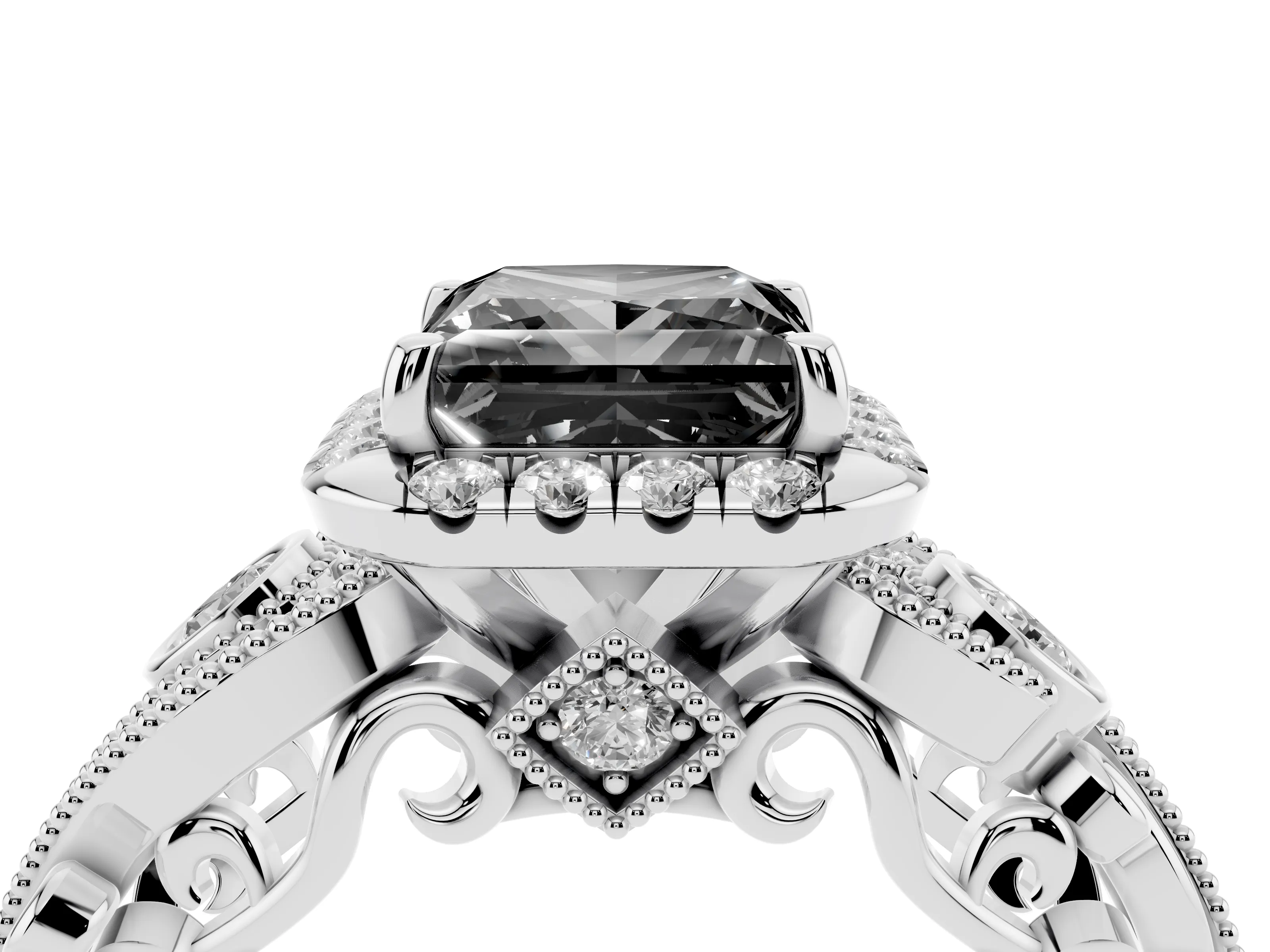Fancy Black Princess Cut Diamond Halo Split Shank Ring Set in Silver with Milgrain and Bezel Accents