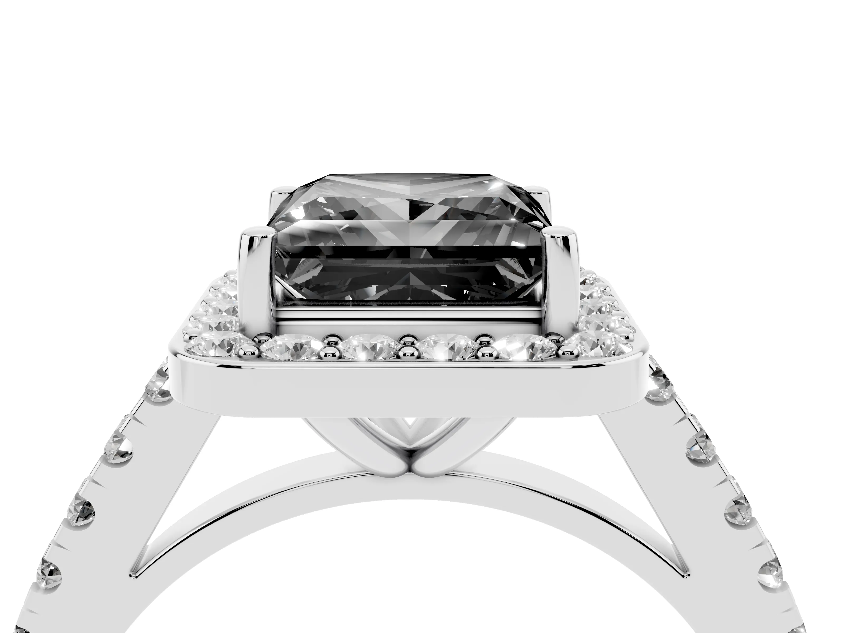 Fancy Black Princess Cut Diamond Halo Ring Set in Silver with Round Pavé Split Shank and Prong Setting
