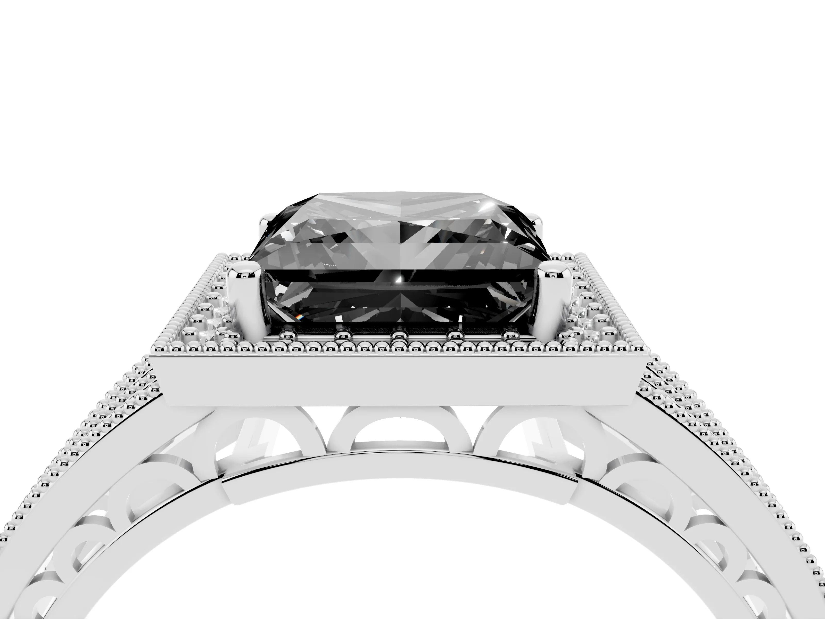Fancy Black Princess Cut Diamond Halo Ring Set in White gold with Accent Split Shank and Prong Setting