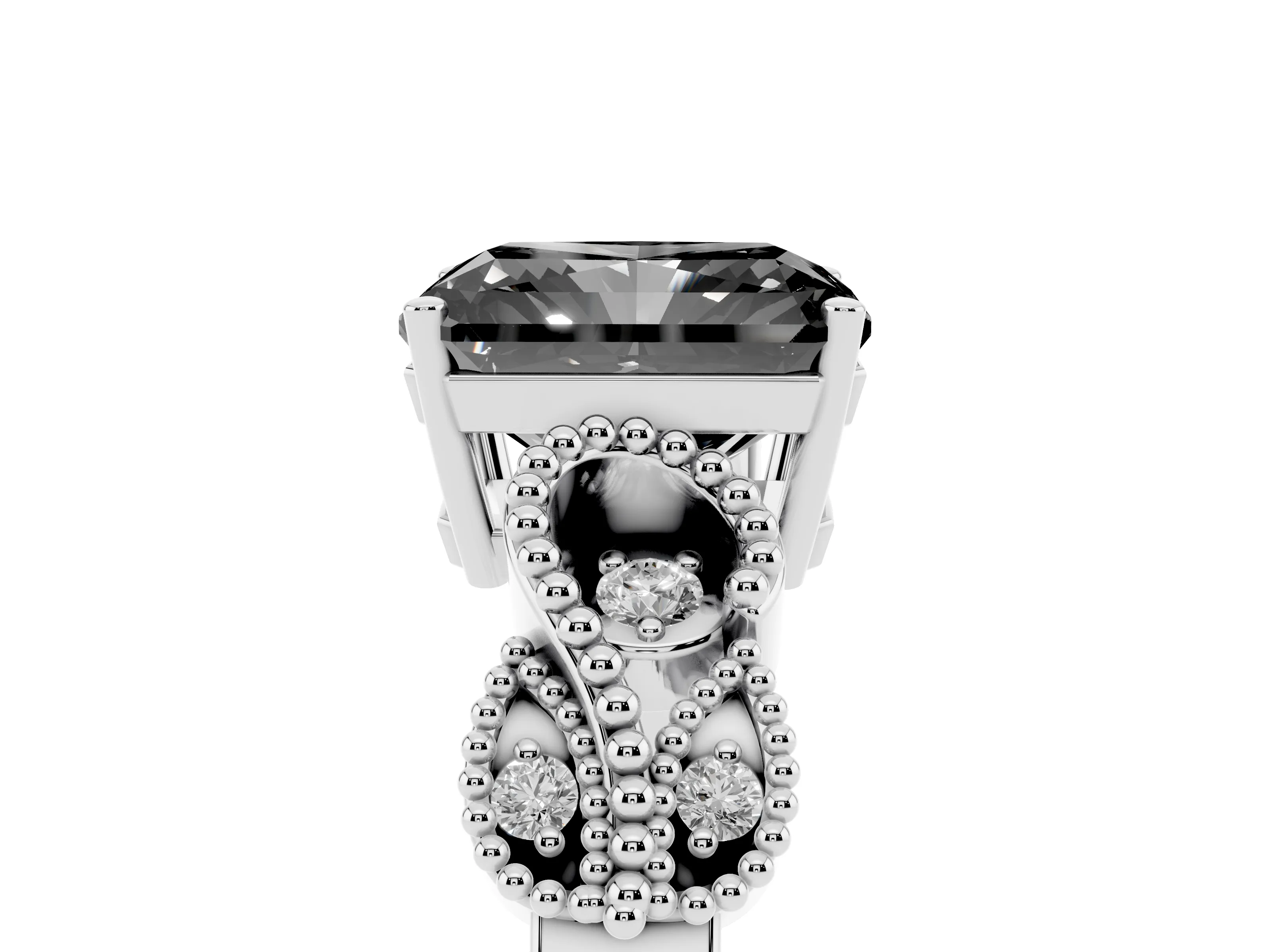 Fancy Black Princess Cut Diamond Milgrain Leaf Band Solitaire Ring Set in White gold with Accent Stones and Prong Setting