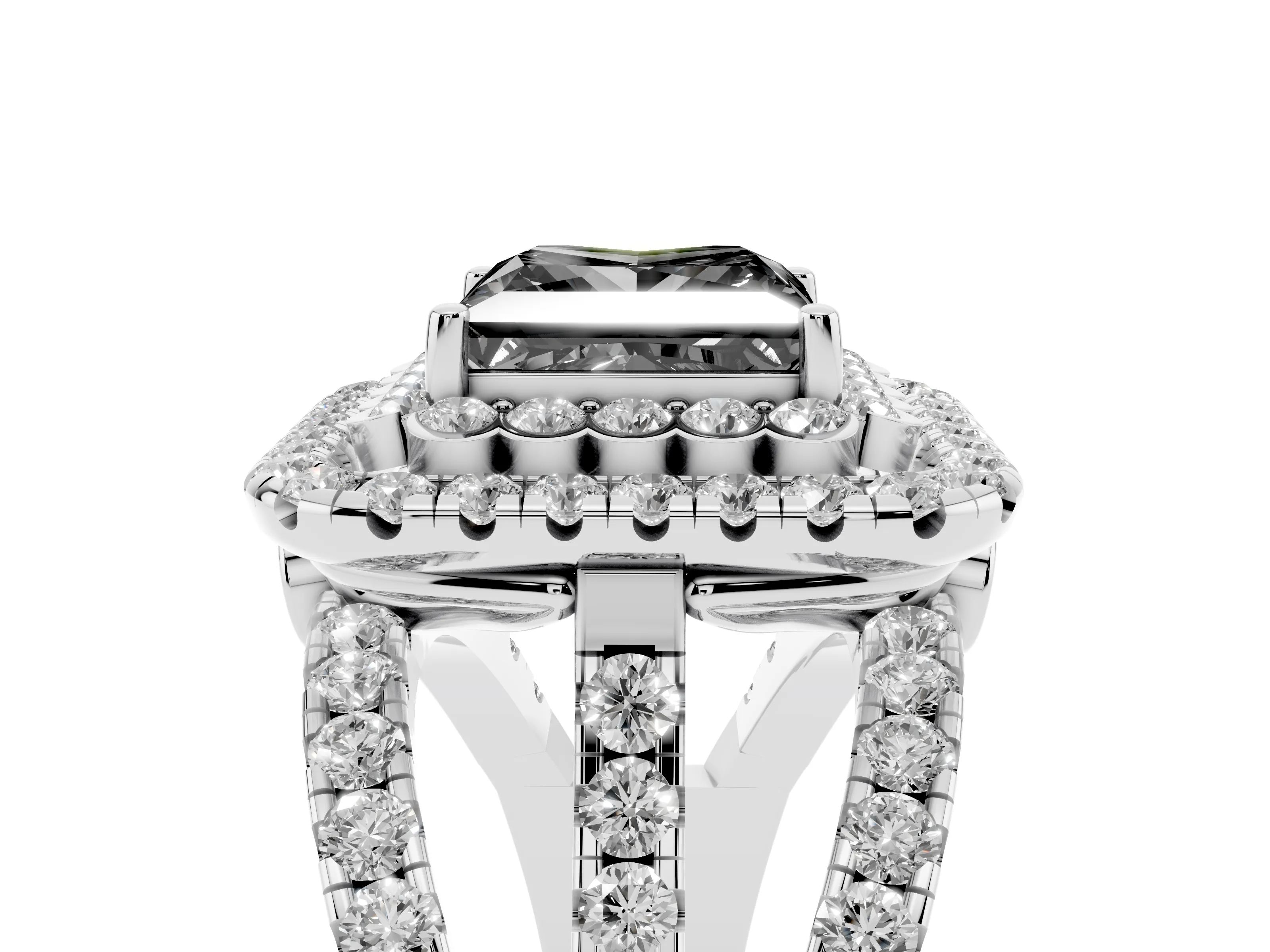 Fancy Black Princess Cut Diamond Double Halo Ring Set in White gold with Round Pavé Split Shank