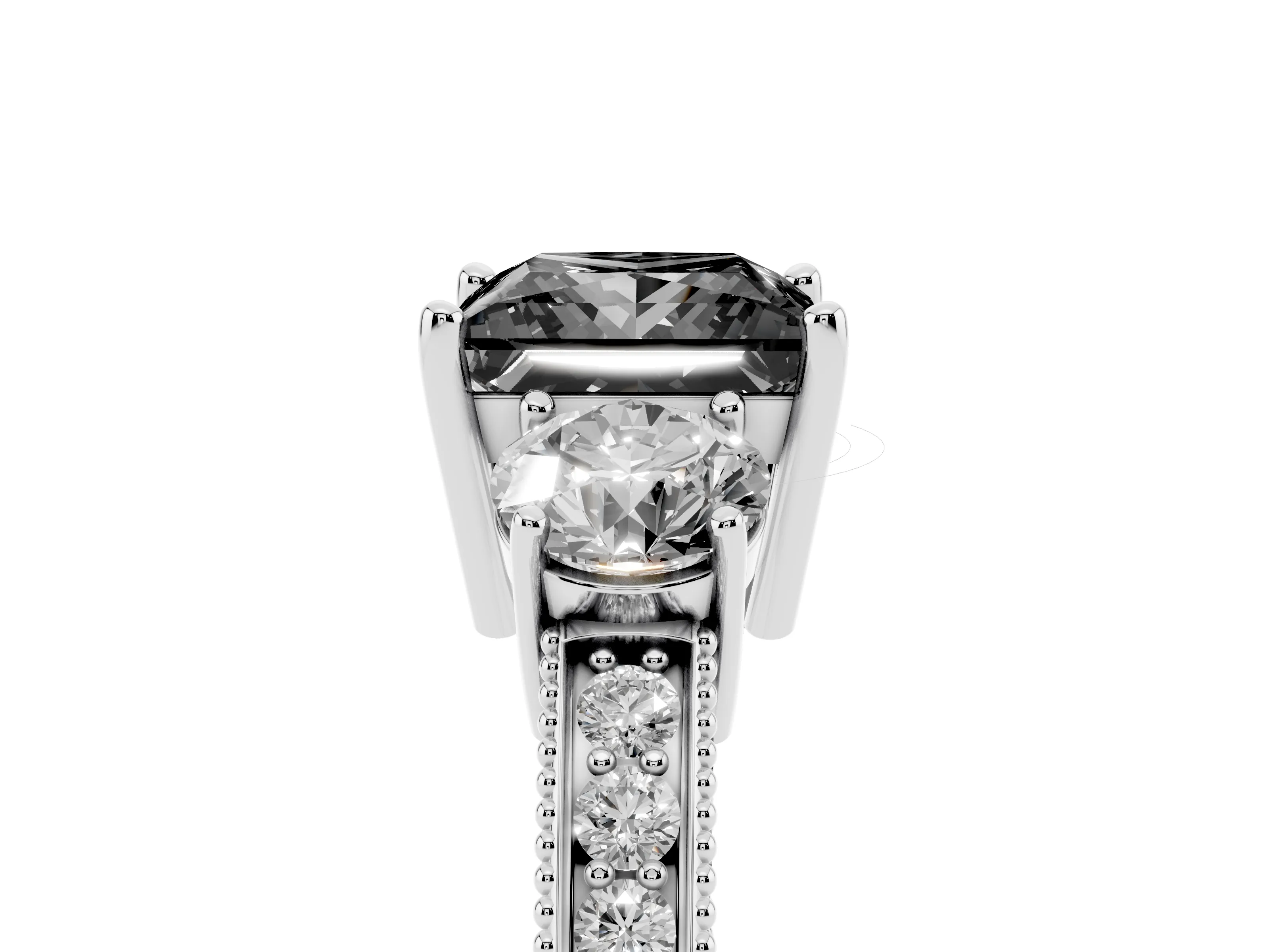 Fancy Black Princess Cut Diamond Three-Stone Ring Set in White gold with Round Side Stones and Pavé Band