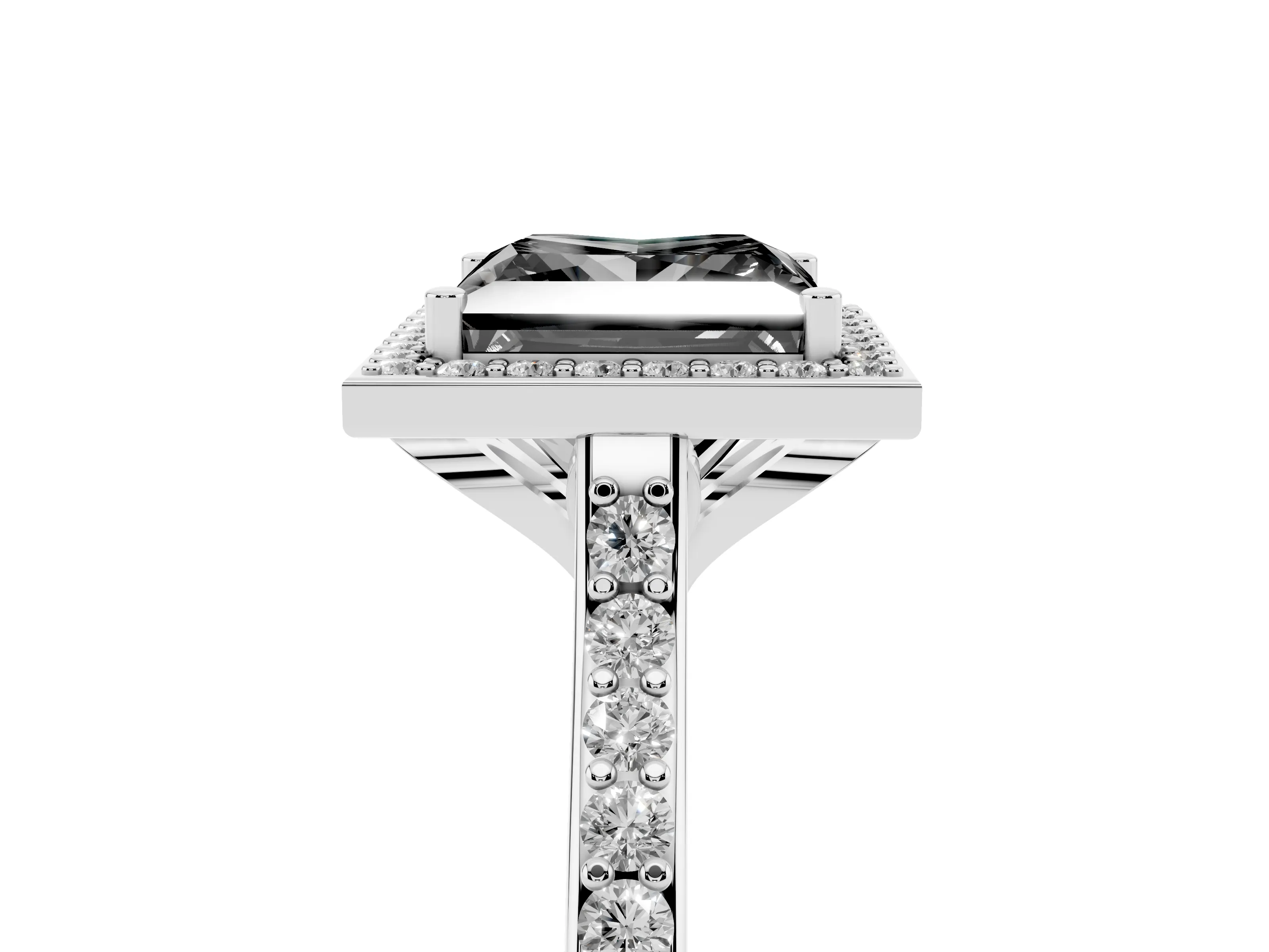 Fancy Black Princess Cut Diamond Halo Engagement Ring Set in Silver with Round Pavé Shoulders and Heart Gallery