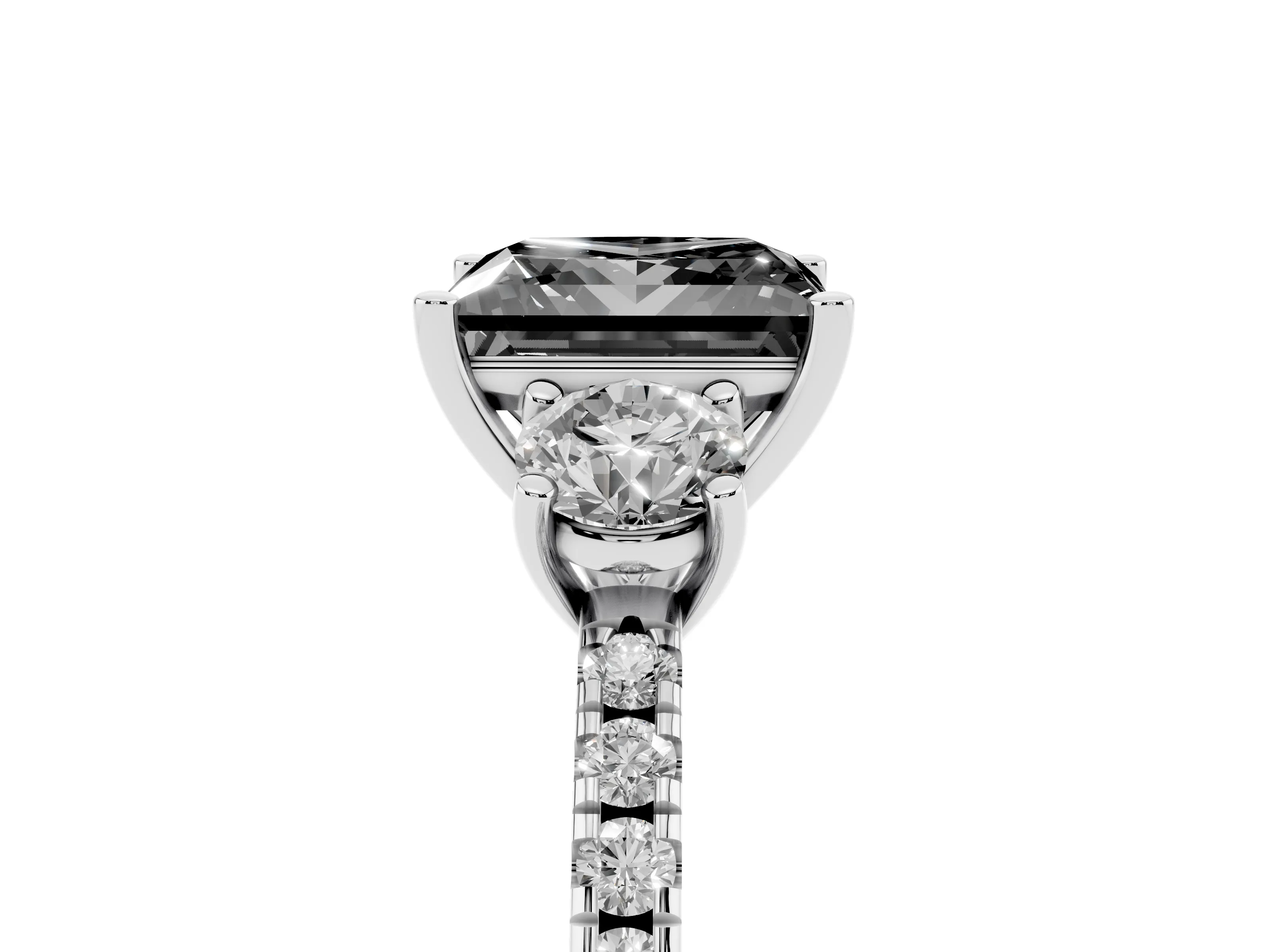 Fancy Black Princess Cut Diamond Three-Stone Ring Set in White gold with Pavé Band and Graduated Sides