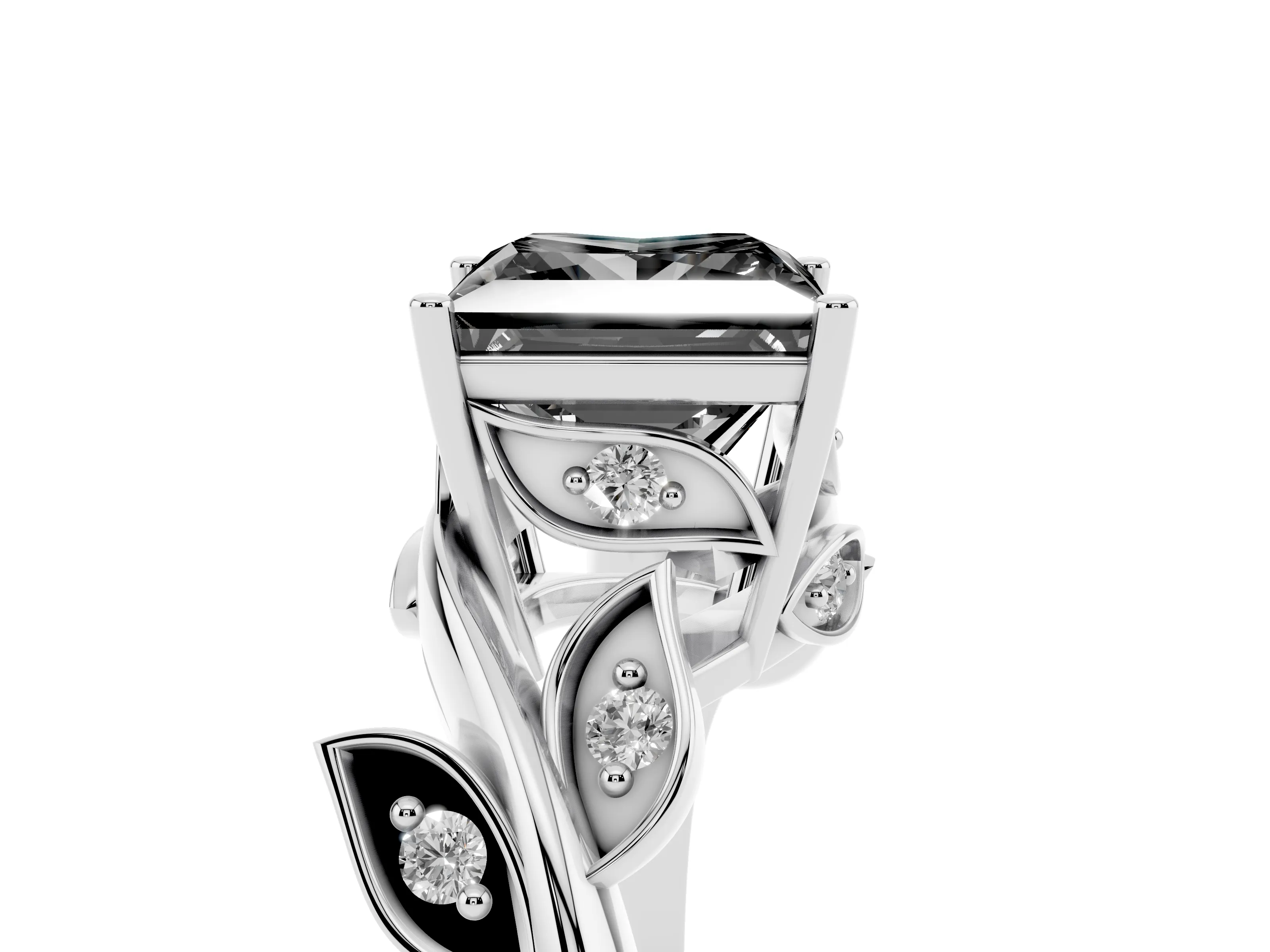 Fancy Black Princess Cut Diamond Solitaire Twist Engagement Ring Set in Silver with Pavé Leaf Accents