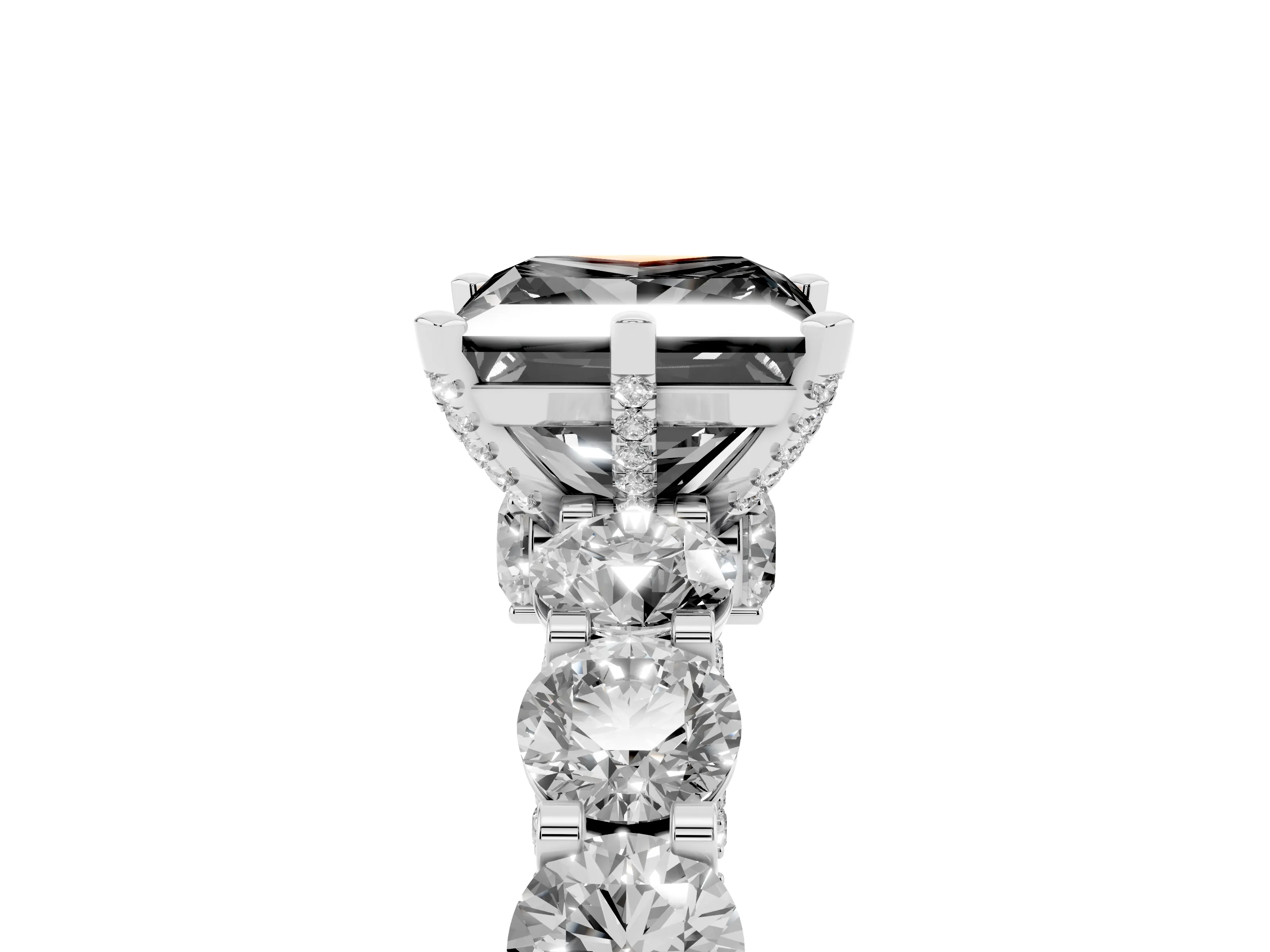 Fancy Black Princess Cut Diamond Side Stone Ring Set in Platinum with Alternating Round and Oval Side Stones