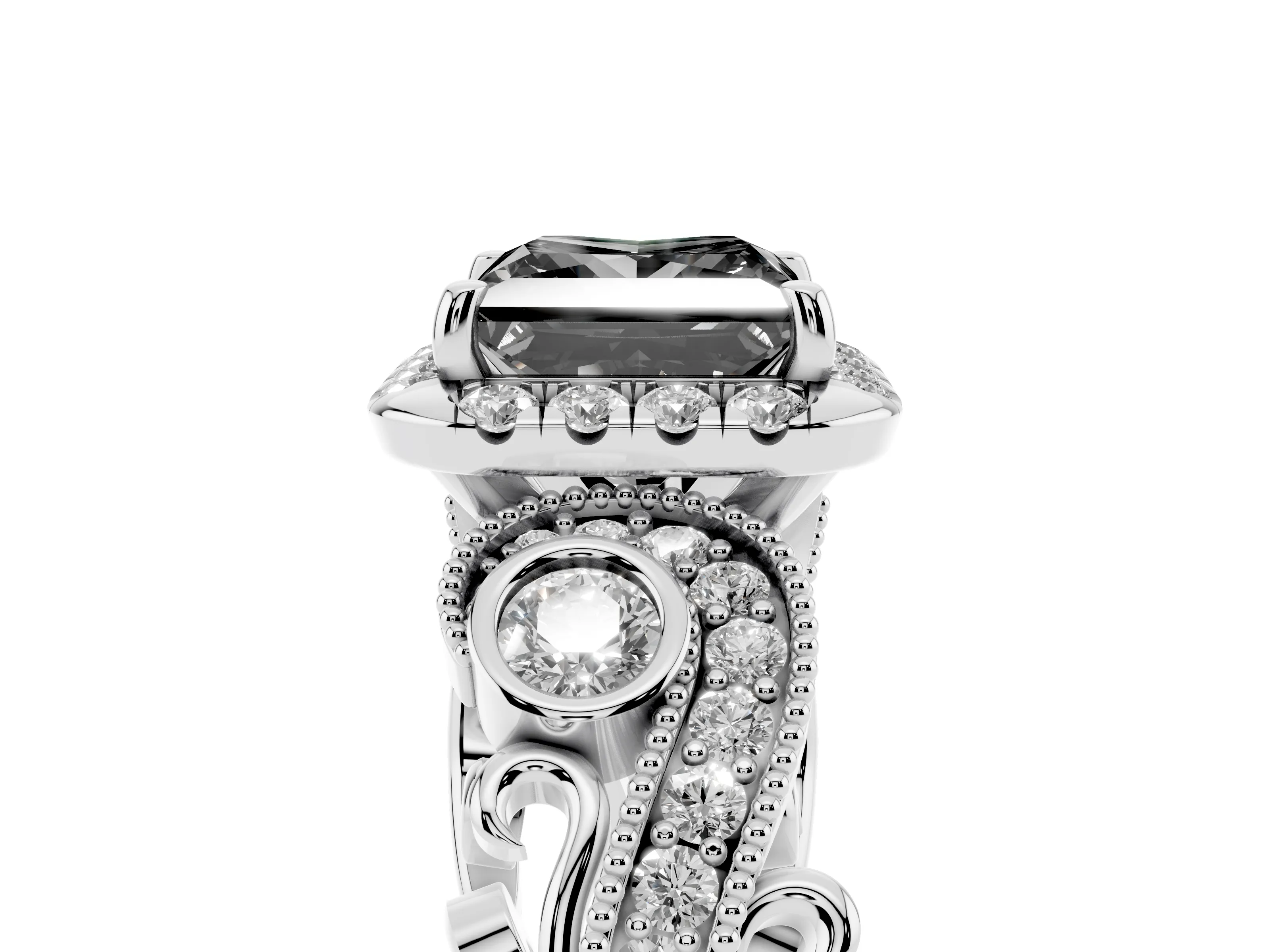 Fancy Black Princess Cut Diamond Halo Split Shank Ring Set in Silver with Milgrain and Bezel Accents