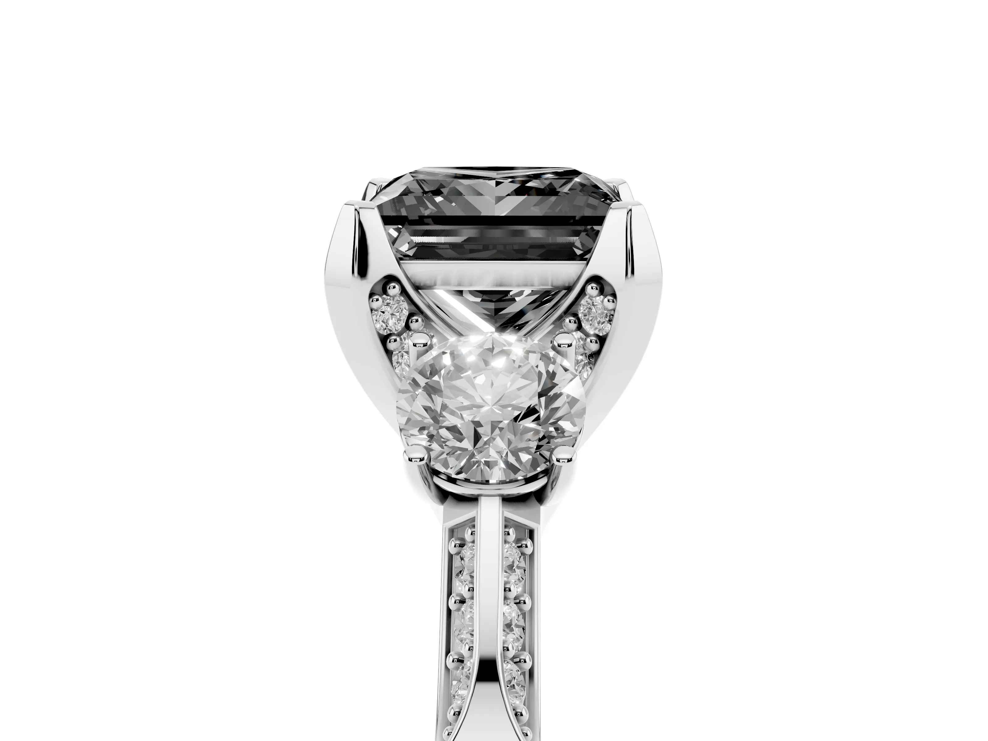 Fancy Black Princess Cut Diamond Three-Stone Ring Set in Silver with Pavé Band and Smaller Side Stones