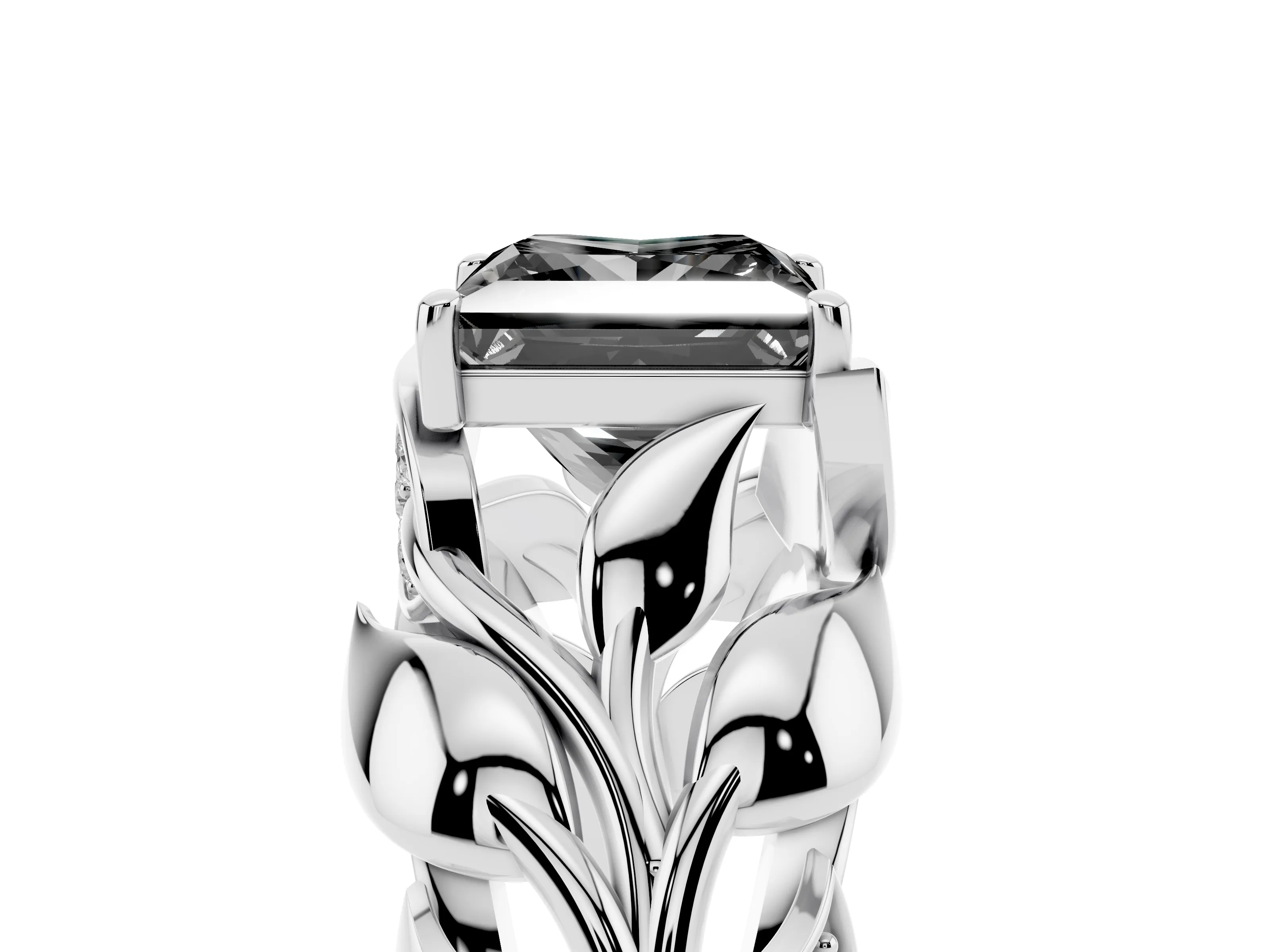 Fancy Black Princess Cut Diamond Leaf-Inspired Engagement Ring Set in White gold with Round Accents
