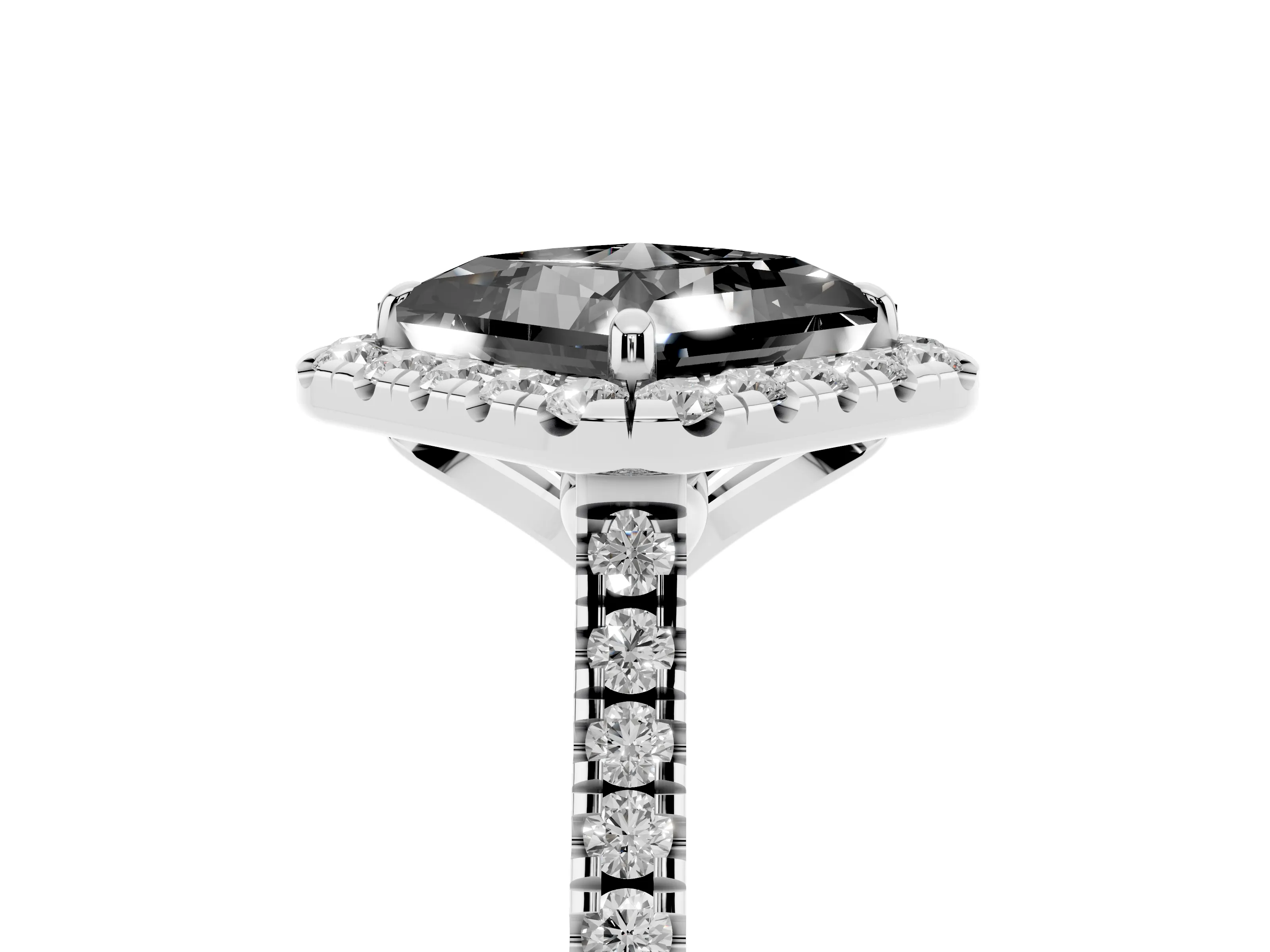 Fancy Black Princess Cut Diamond Cushion Halo Ring Set in Platinum with Pavé Band