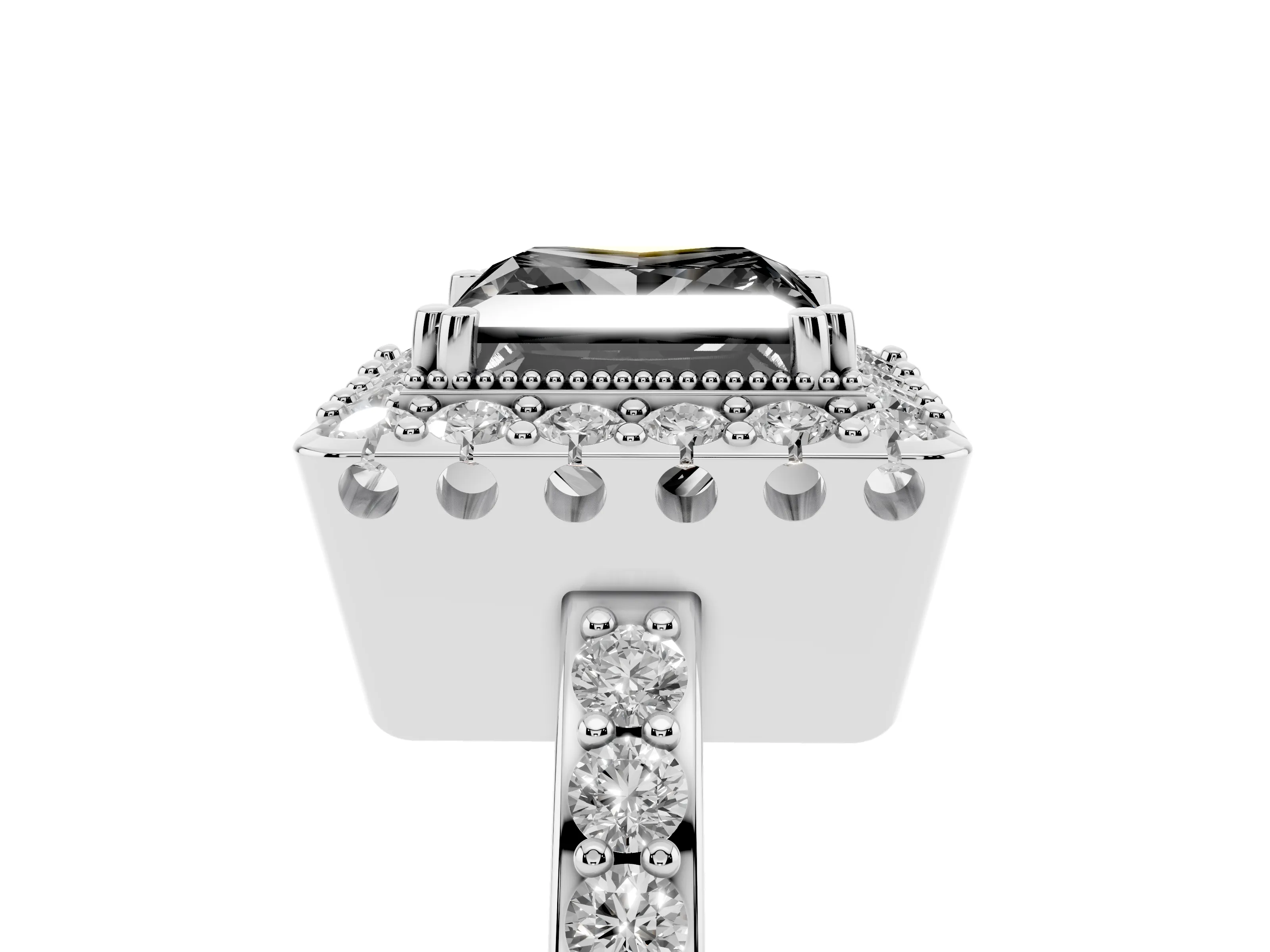 Fancy Black Princess Cut Diamond Halo Ring Set in White gold with Pavé Shank and Prong Setting