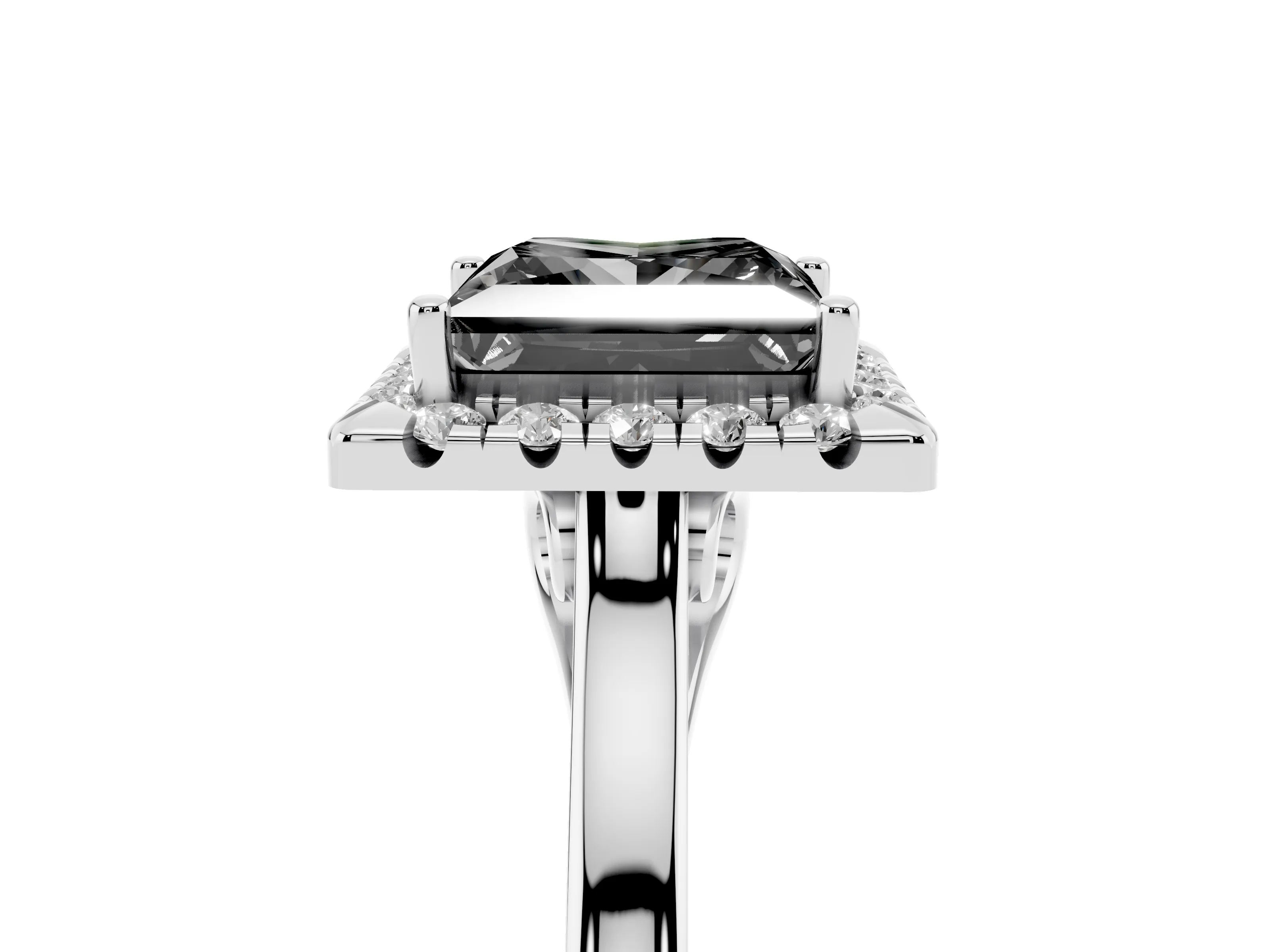 Fancy Black Princess Cut Halo Round Diamond Solitaire Ring Set in Platinum with Pavé Band and Prong Setting