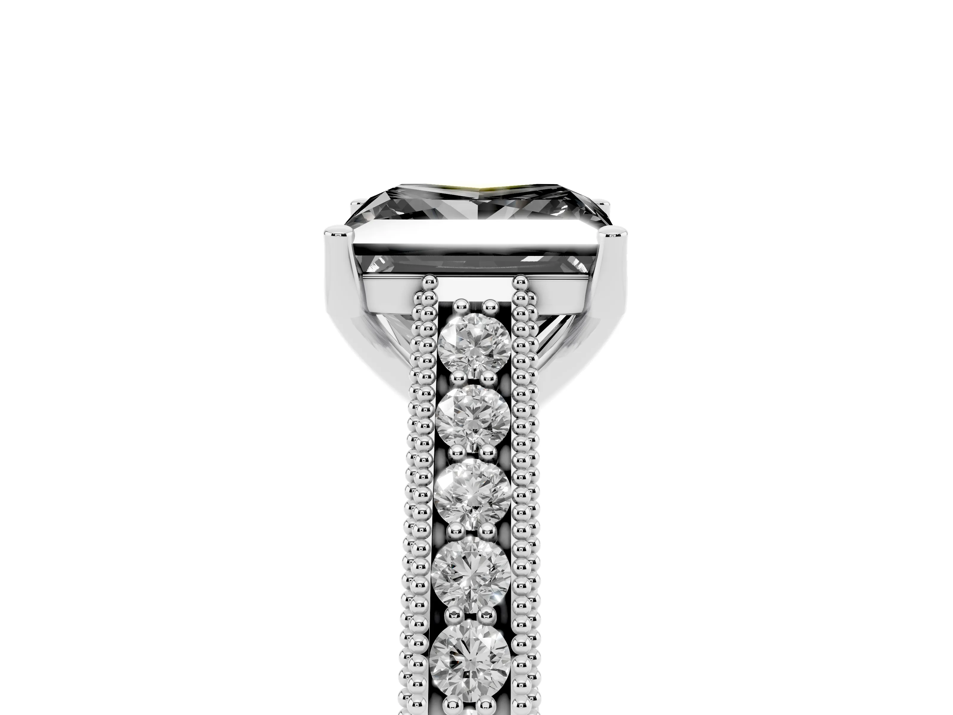 Fancy Black Princess Cut Diamond Milgrain Pavé Band Solitaire Ring Set in Platinum with Prong Setting