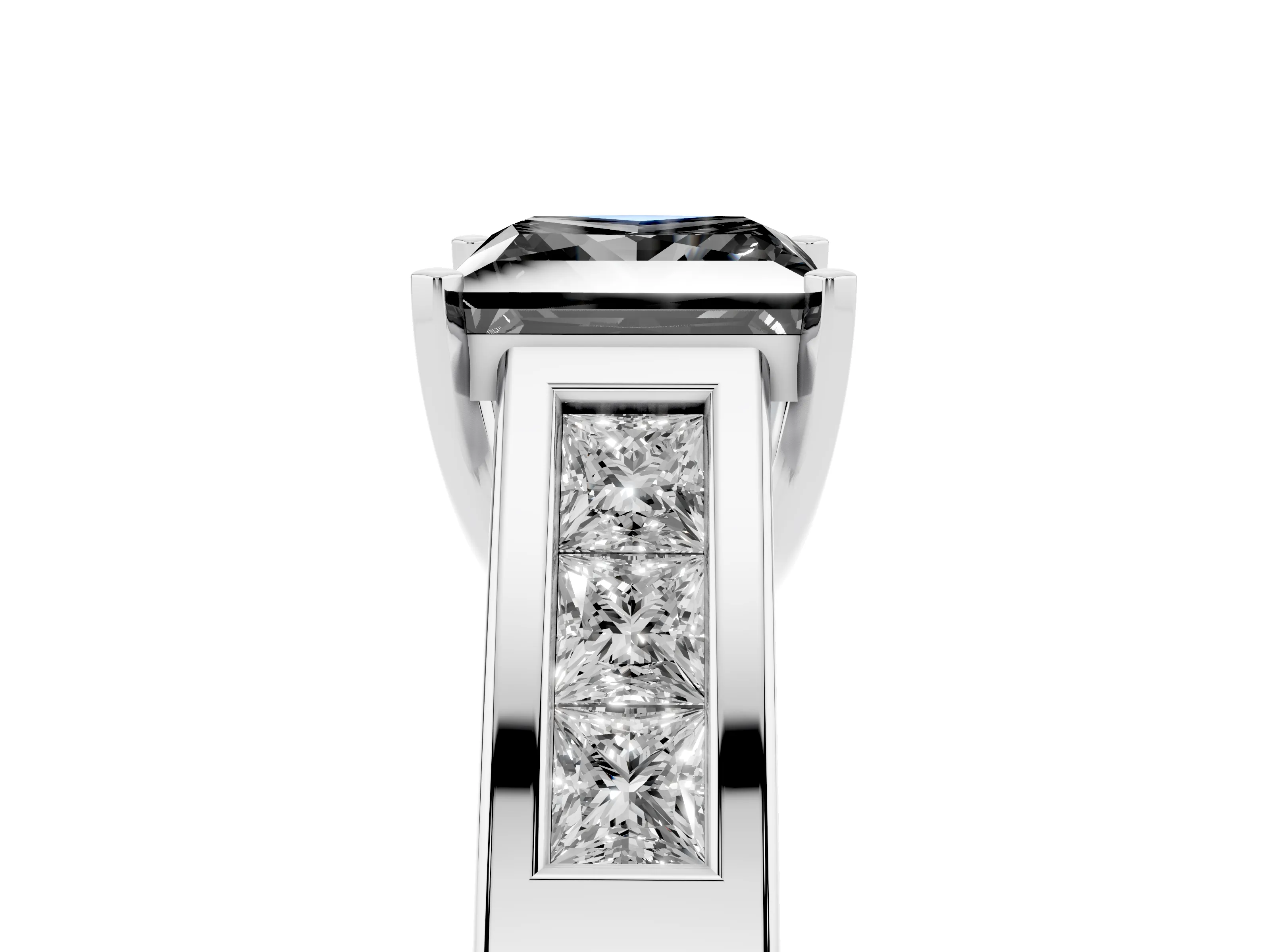 Fancy Black Princess Cut Diamond Solitaire Ring Set in Silver with Channel-Set Accent Stones and Prong Setting