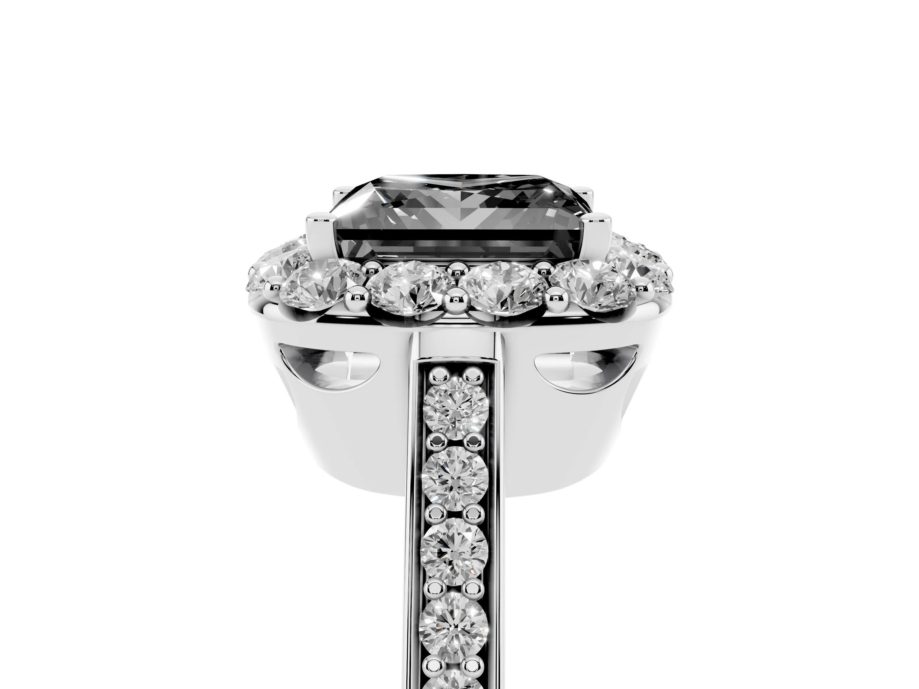 Fancy Black Princess Cut Diamond Floral Halo Ring Set in Platinum with Pavé Band and Prong Setting