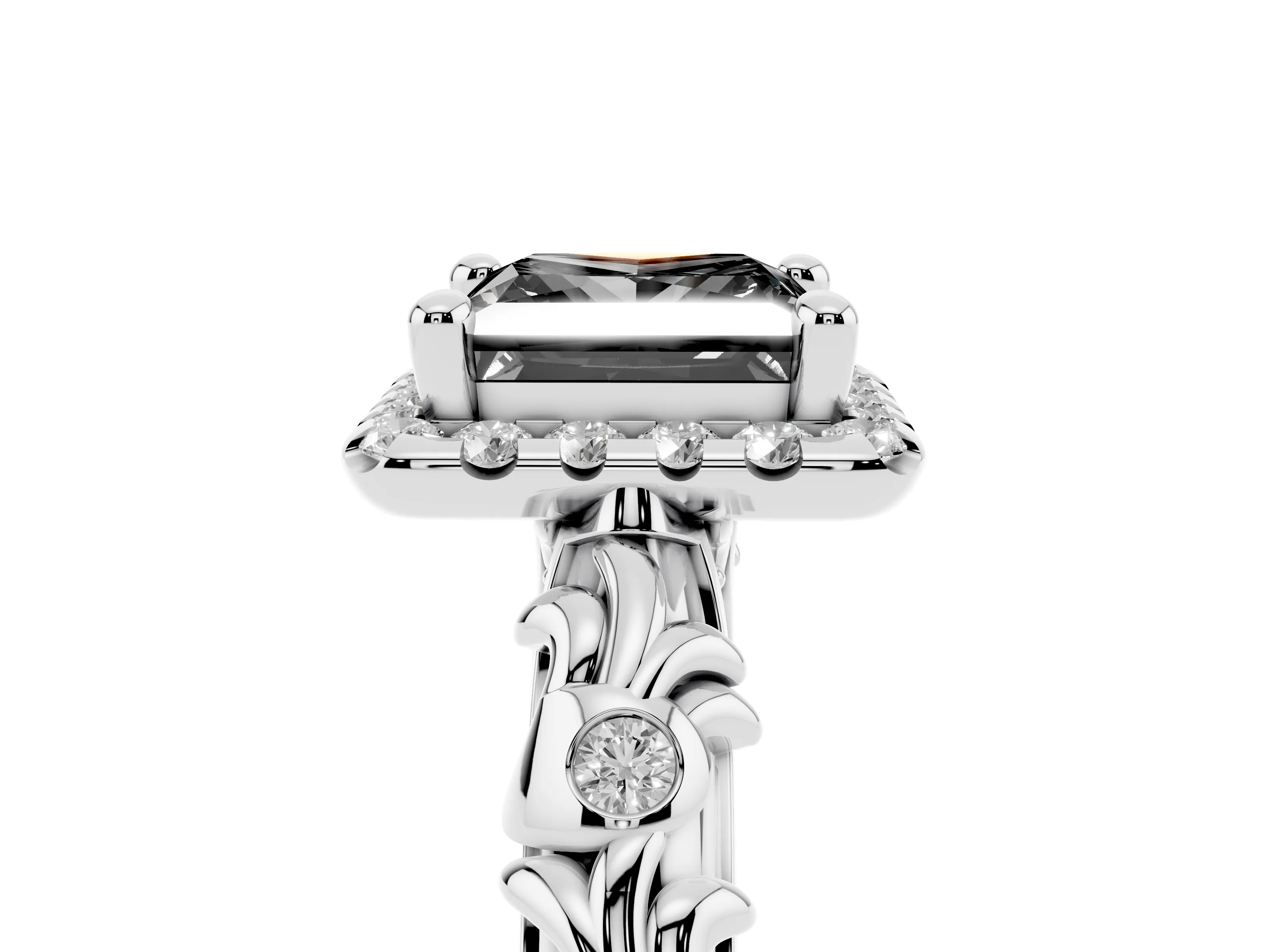 Fancy Black Princess Cut Diamond Halo Ring Set in Silver with Filigree Leaf Band and Prong Setting