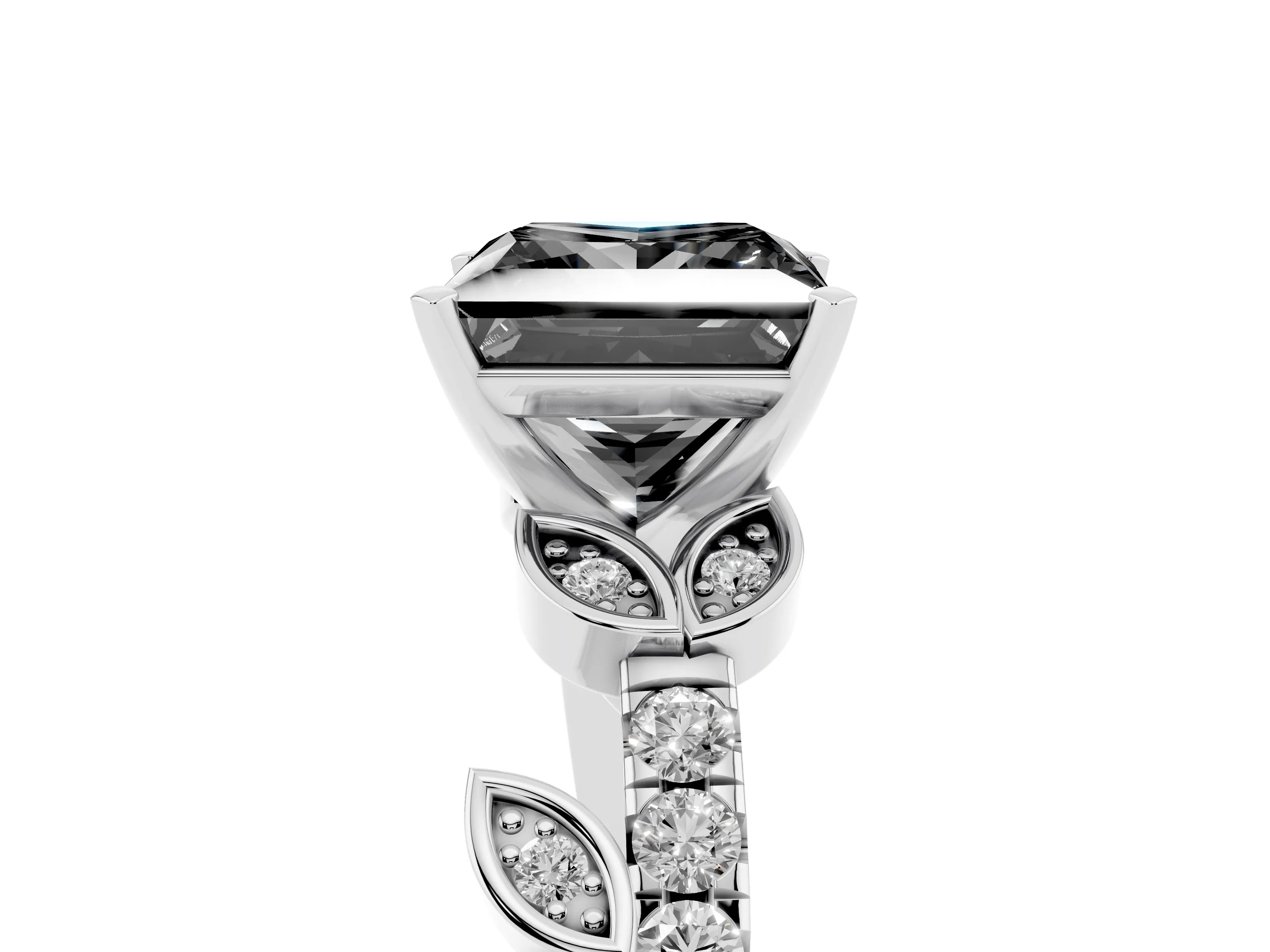 Fancy Black Princess Cut Diamond Solitaire Leaf-Inspired Ring Set in Platinum with Pavé Band and Prong Setting