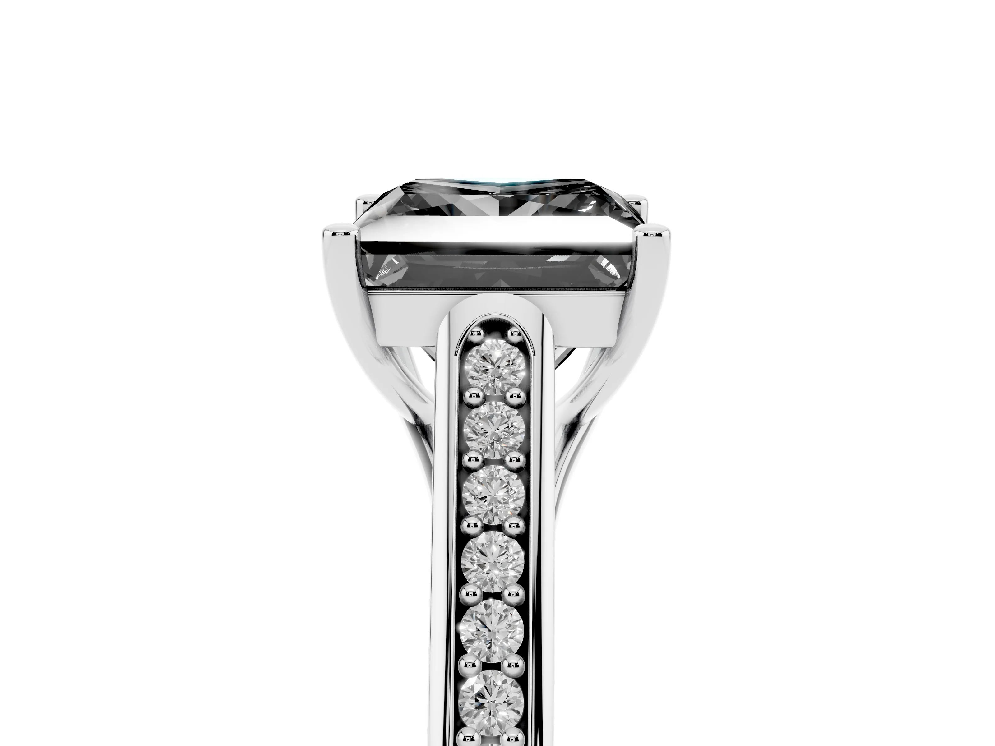 Fancy Black Princess Cut Diamond Solitaire Cathedral Engagement Ring Set in Platinum with Channel-Set Band and Prong Setting