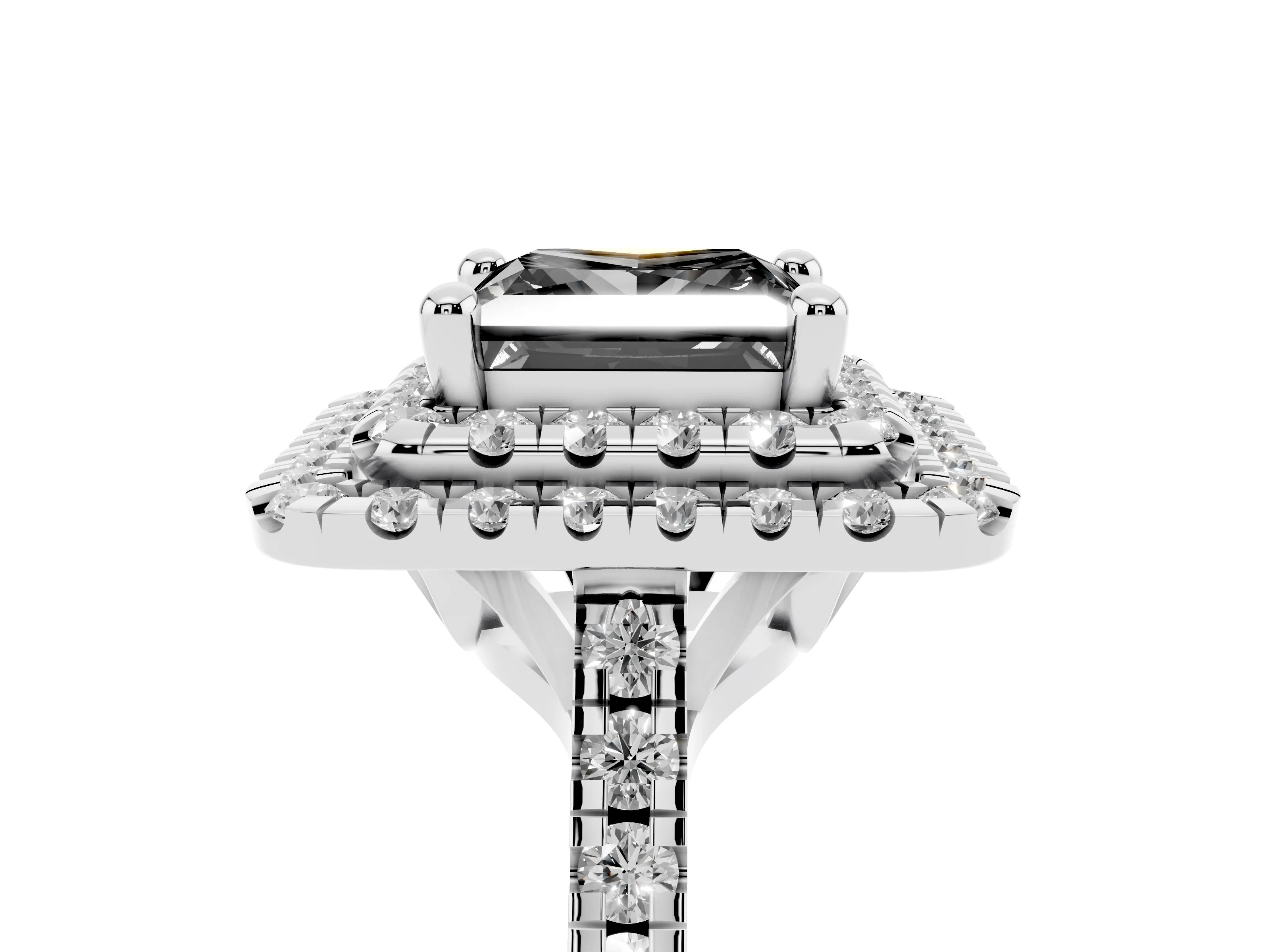 Fancy Black Princess Cut Diamond Double Halo Statement Ring Set in White gold with Pavé Band