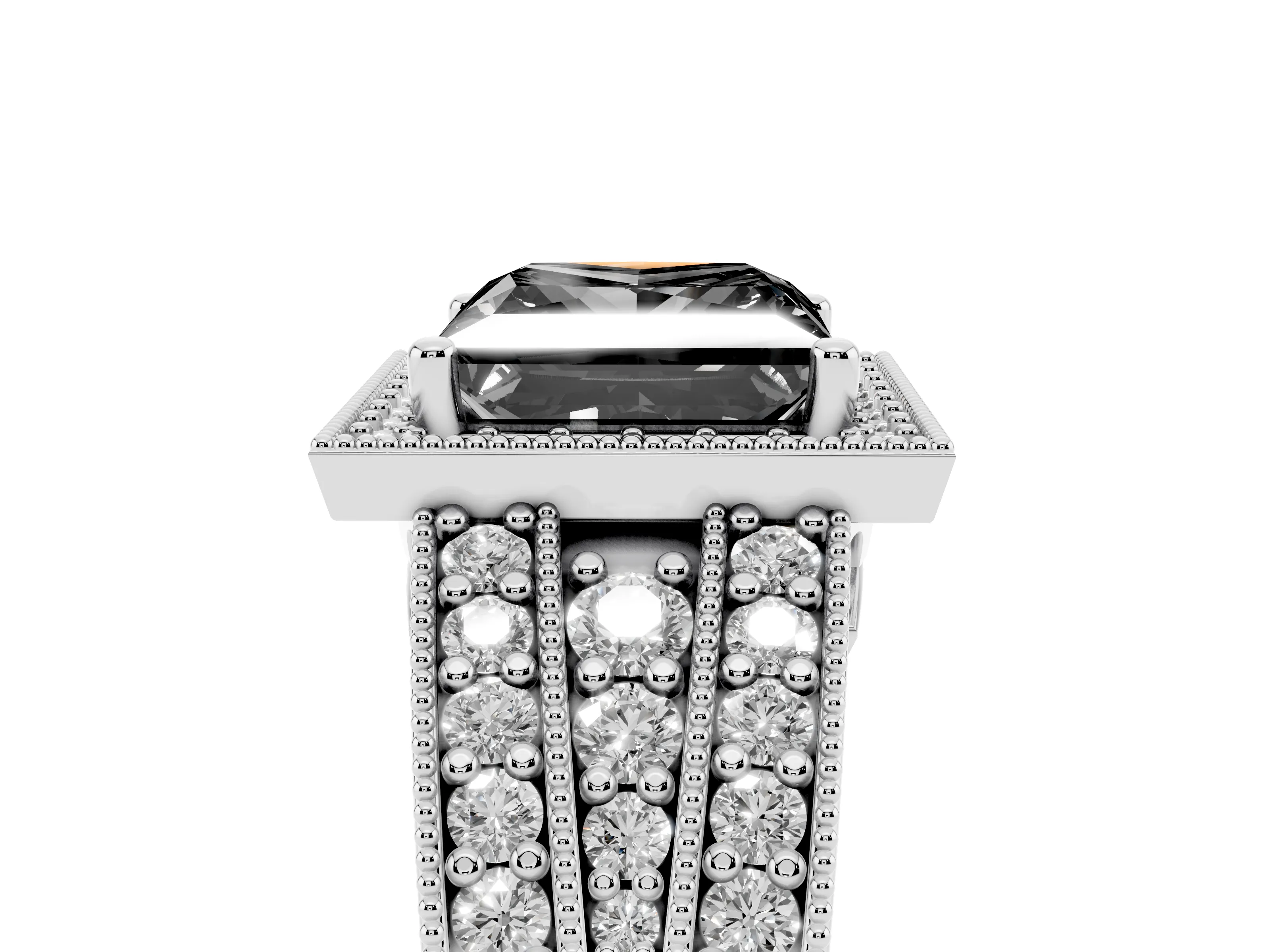 Fancy Black Princess Cut Diamond Halo Ring Set in White gold with Accent Split Shank and Prong Setting