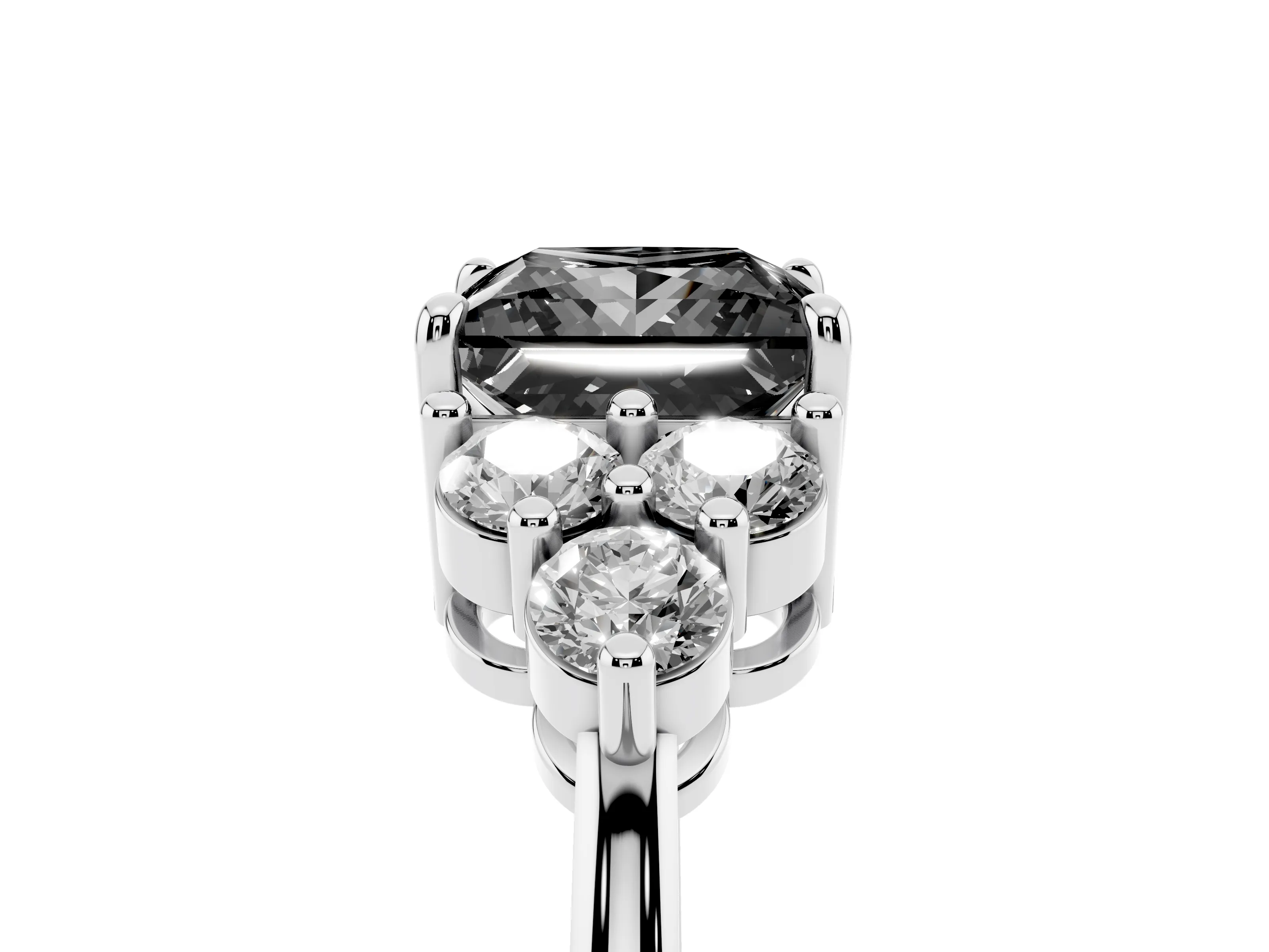 Fancy Black Princess Cut Diamond Solitaire Ring Set in Silver with Cluster Accents on Each Side