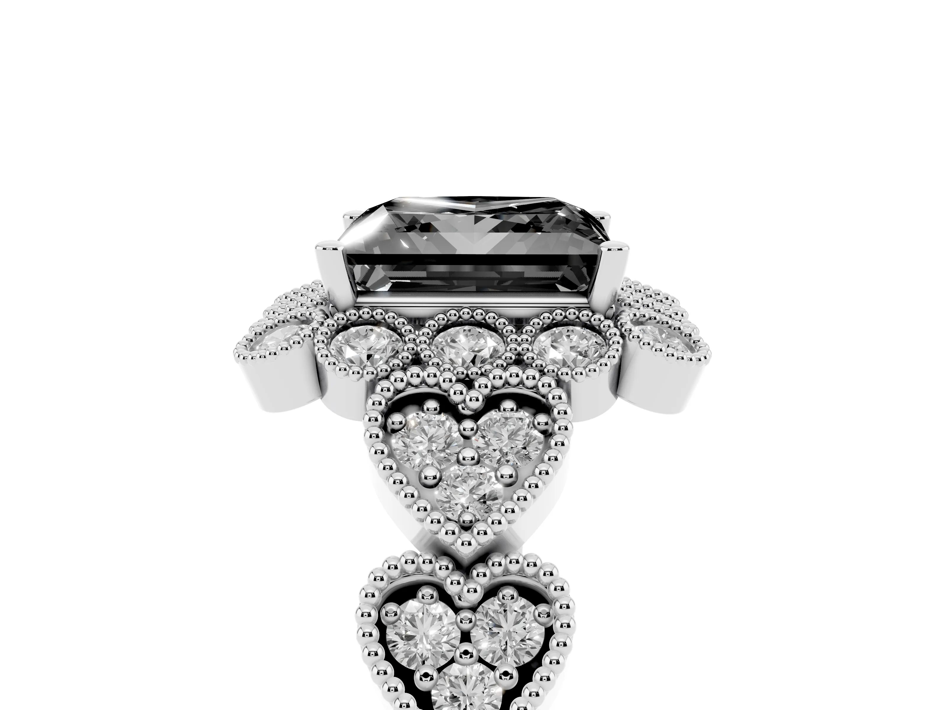 Fancy Black Princess Cut Diamond Solitaire Ring Set in Silver with Milgrain Pavé Heart Band